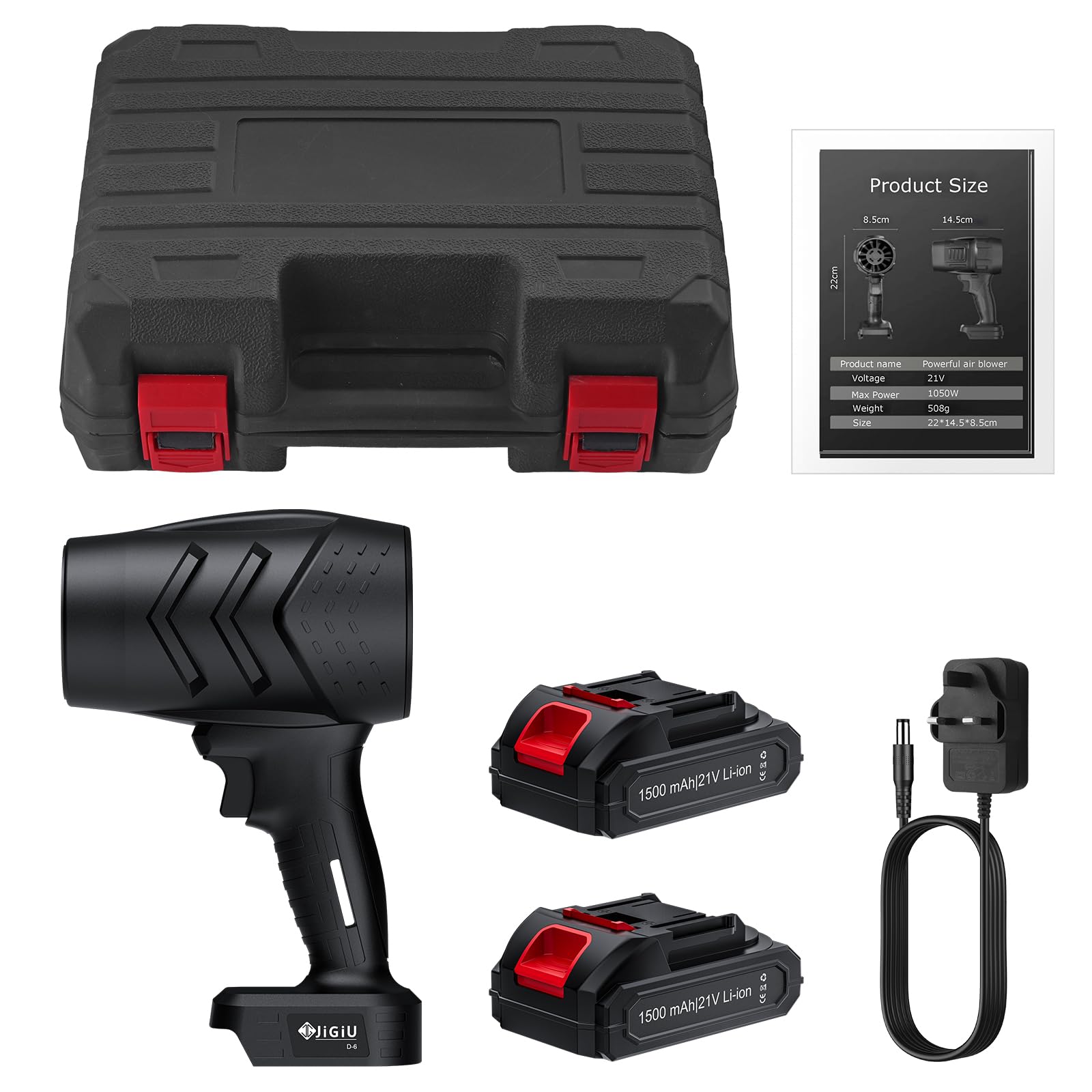 JiGiU Soplador de Hojas Inalámbrico con Batería 21V, Soplador de Aire sin Cable de 21V 26000RPM para Limpiar el Coche, el PC, el Patio y el Jardín Ligero Nieve con 2 Pilas Recargables