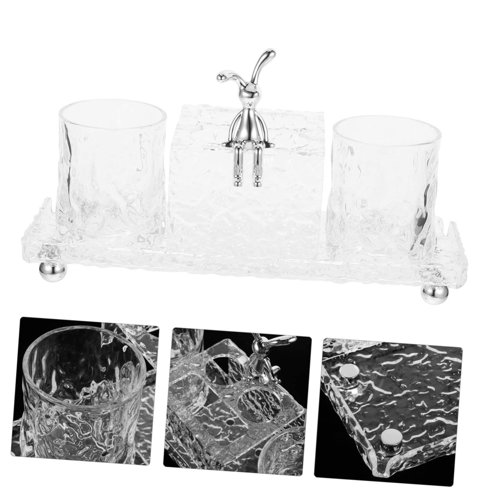 WOONEKY Zahnbürstenhalter für Badezimmer mit 2 Bechern Acryl Aufbewahrungsschale Organizer Tablett für Arbeitsplatte Zahnputzbecher für Kinder