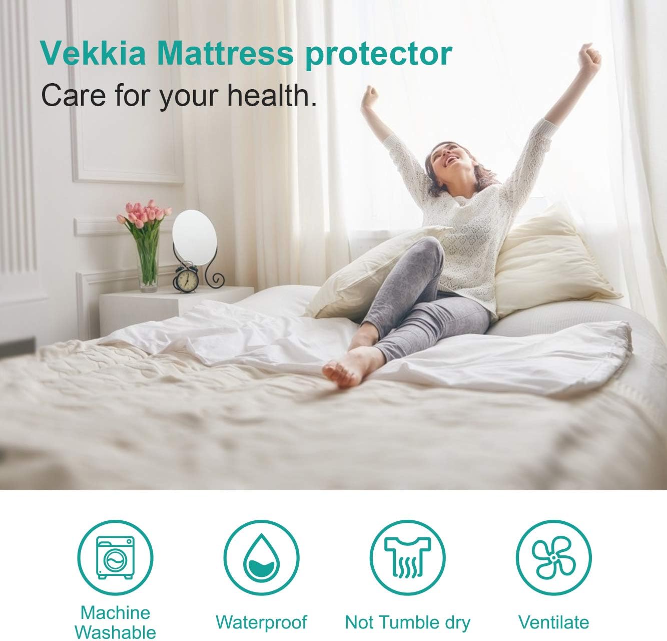 Vekkia King Size Mattress Protector Waterproof Cover - Deep Pocket, Thin Smooth Fabric,Safe Sleep, Breathable, Quiet