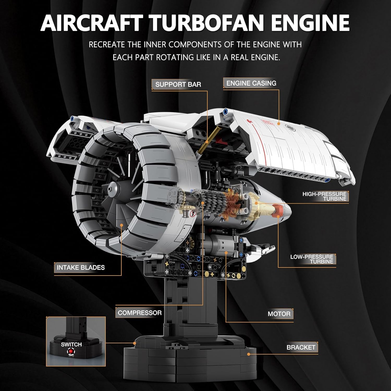 HIGH GODO Aircraft Engine Building Kit that Works, Aircraft Turbofan Engine Model Kit with Motor, Build Your Own Engine Kit, STEM Project for Teens Adults 14+ (1786 PCS)
