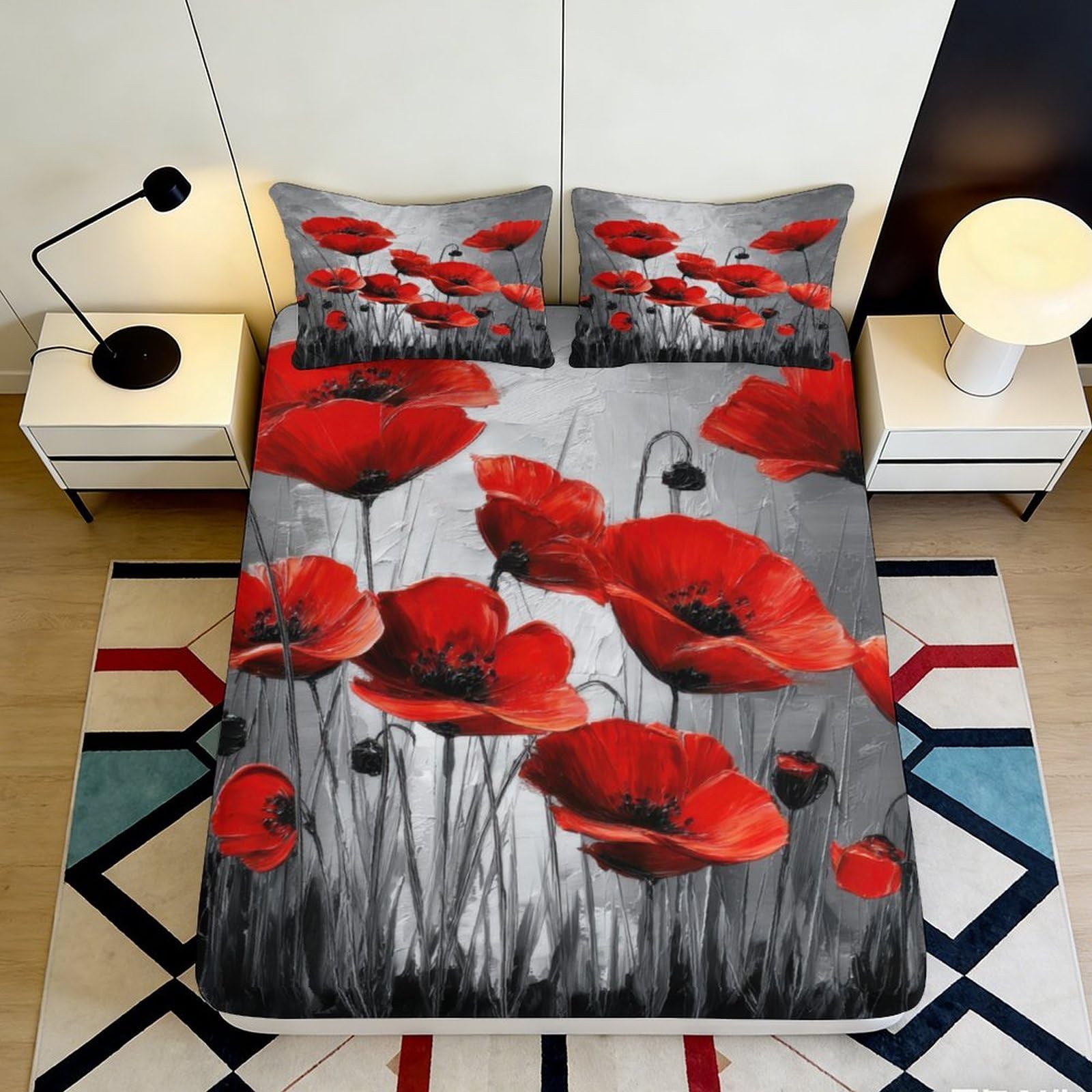 3D Printed Poppy Fitted Sheet Microfiber Deep Pocket Elastic Hem Bedroom Bedding Poppy Mattress Fitted Cover Washable for Home 140x200x25cm
