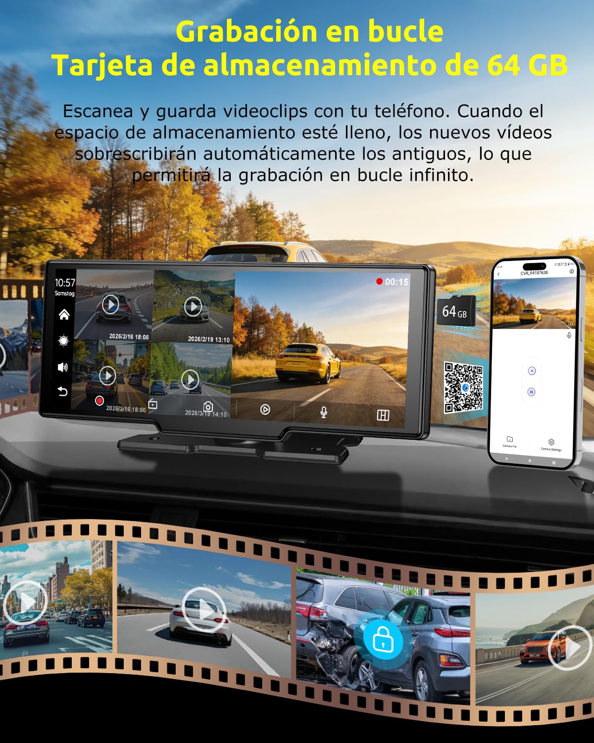 ESSGOO Pantalla Coche 10.26 Pulgadas Carplay y Android Auto Inalámbrico con 4 Sensor de Presión de Neumáticos Cámara Frontal 4K Trasera 1080P,IPS Táctil,Bluetooth,Mirror Link,Control por Voz,64GB TF