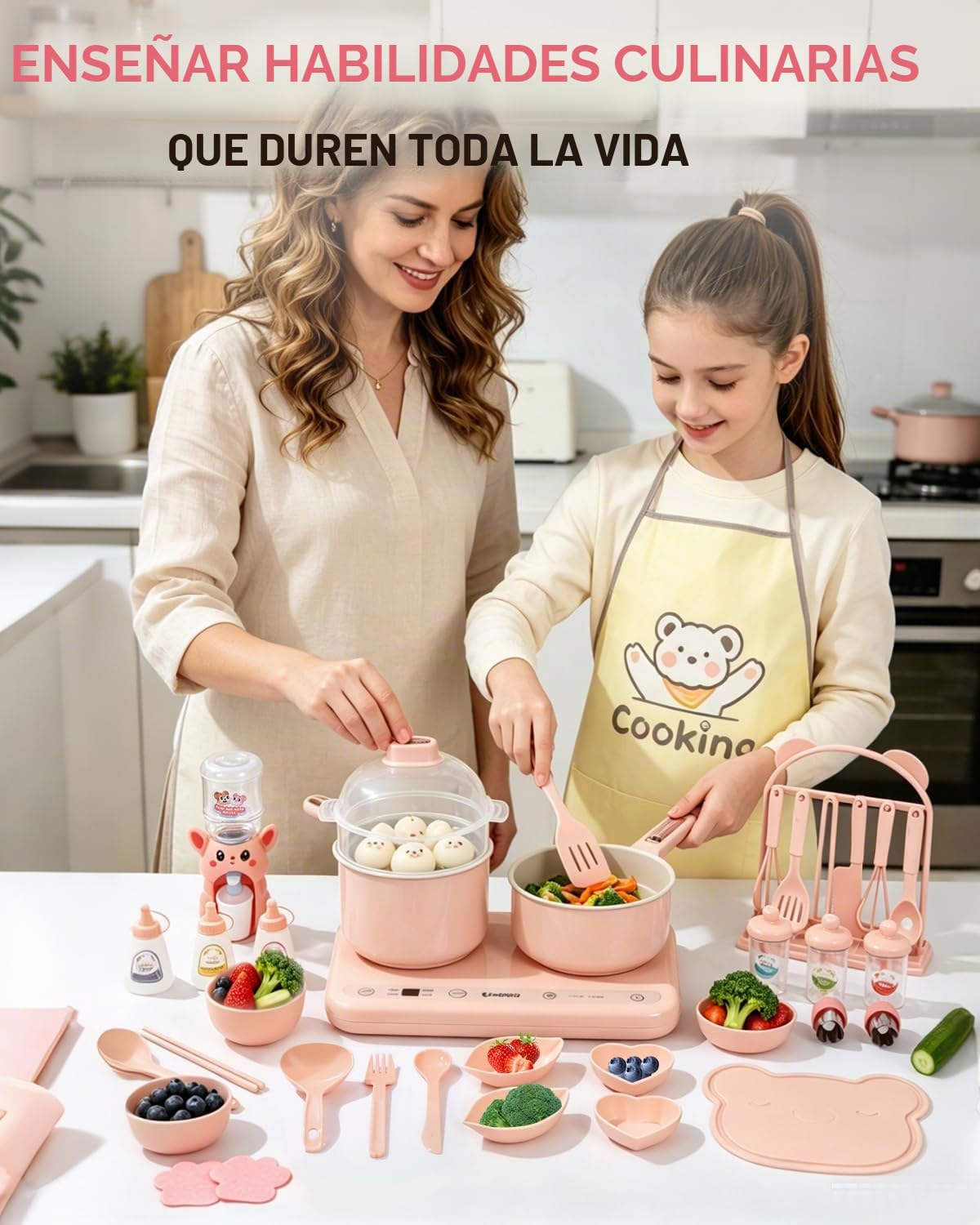 BICRET Juego de Cocina Eléctrica para Niños con Doble Fuego, Accesorios Completos, Incluye Utensilios de Cocina y Cuchillo de Chef Seguro, para Niños de 8 a 12 Años (Rosa)