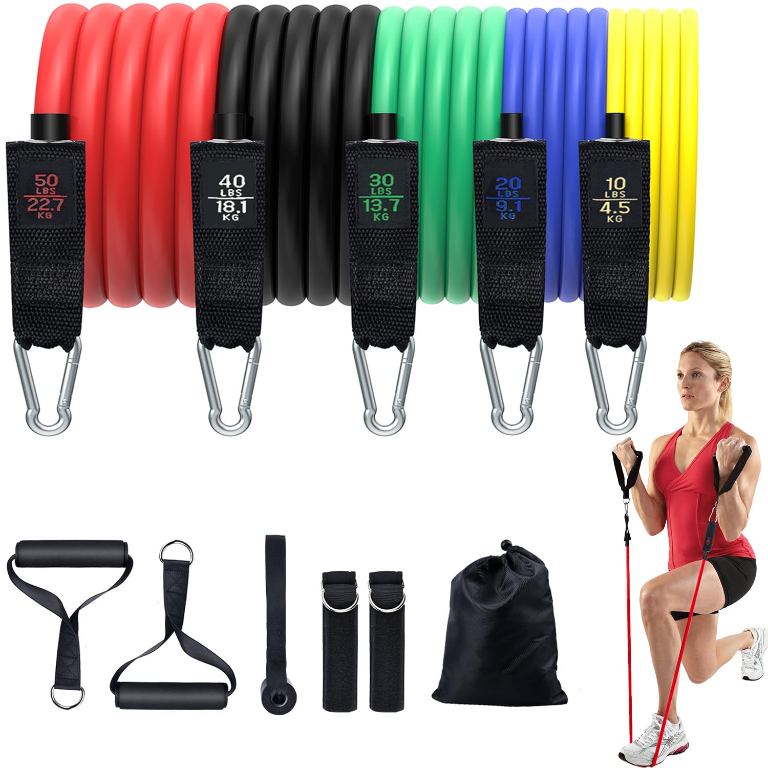 Resistance Bands, Simmgud Exercise Bands Set with Handles, Work Out Bands with Door Anchor, Ankle Straps for Strength Training, Physical Therapy, Home