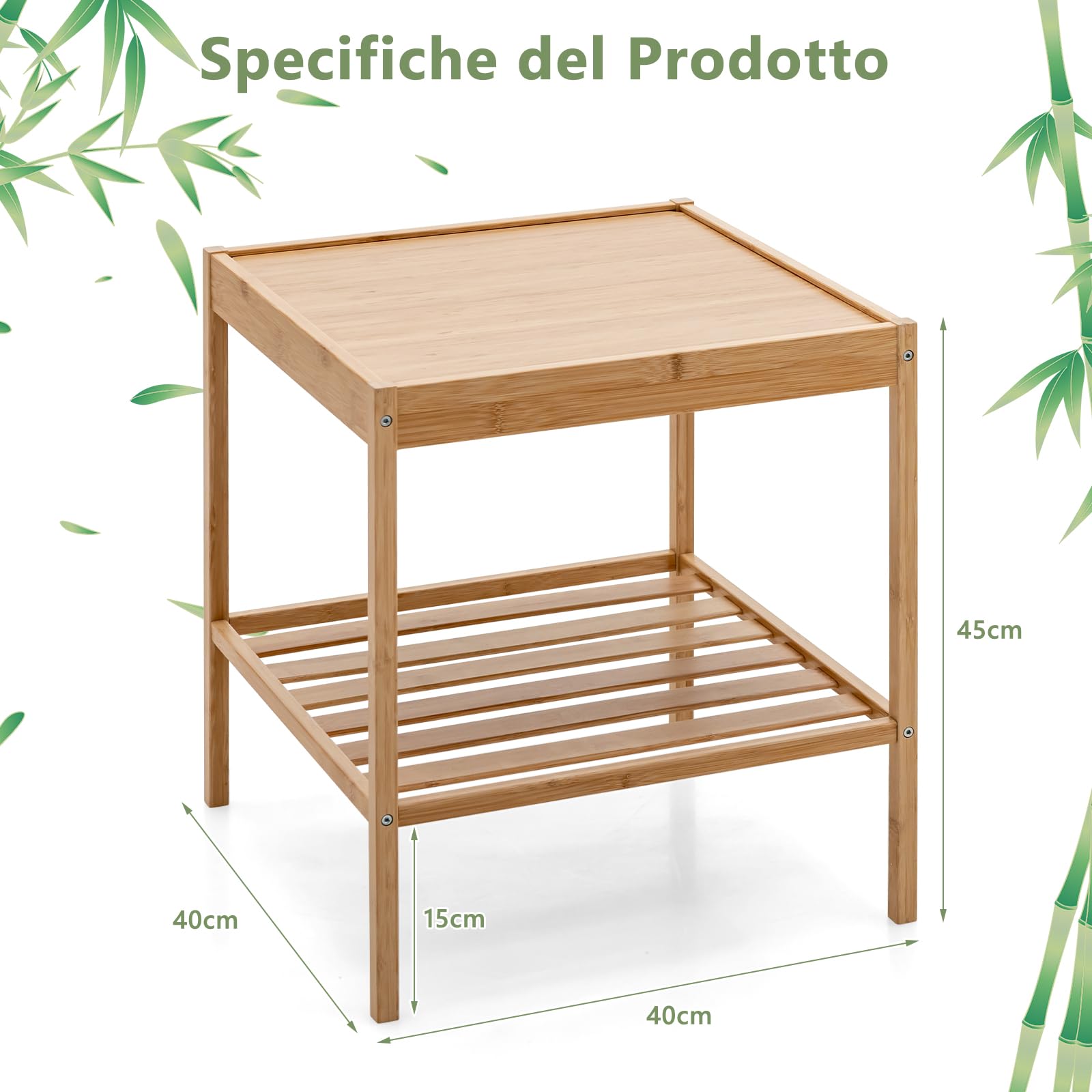 GYMAX Set di 2 Comodini in Bambù, Comodino a 2 Ripiani Portaoggetti, Set di 2 Tavolini Moderno da Soggiorno Camera da Letto, 40 x 40 x 45 cm, Naturale