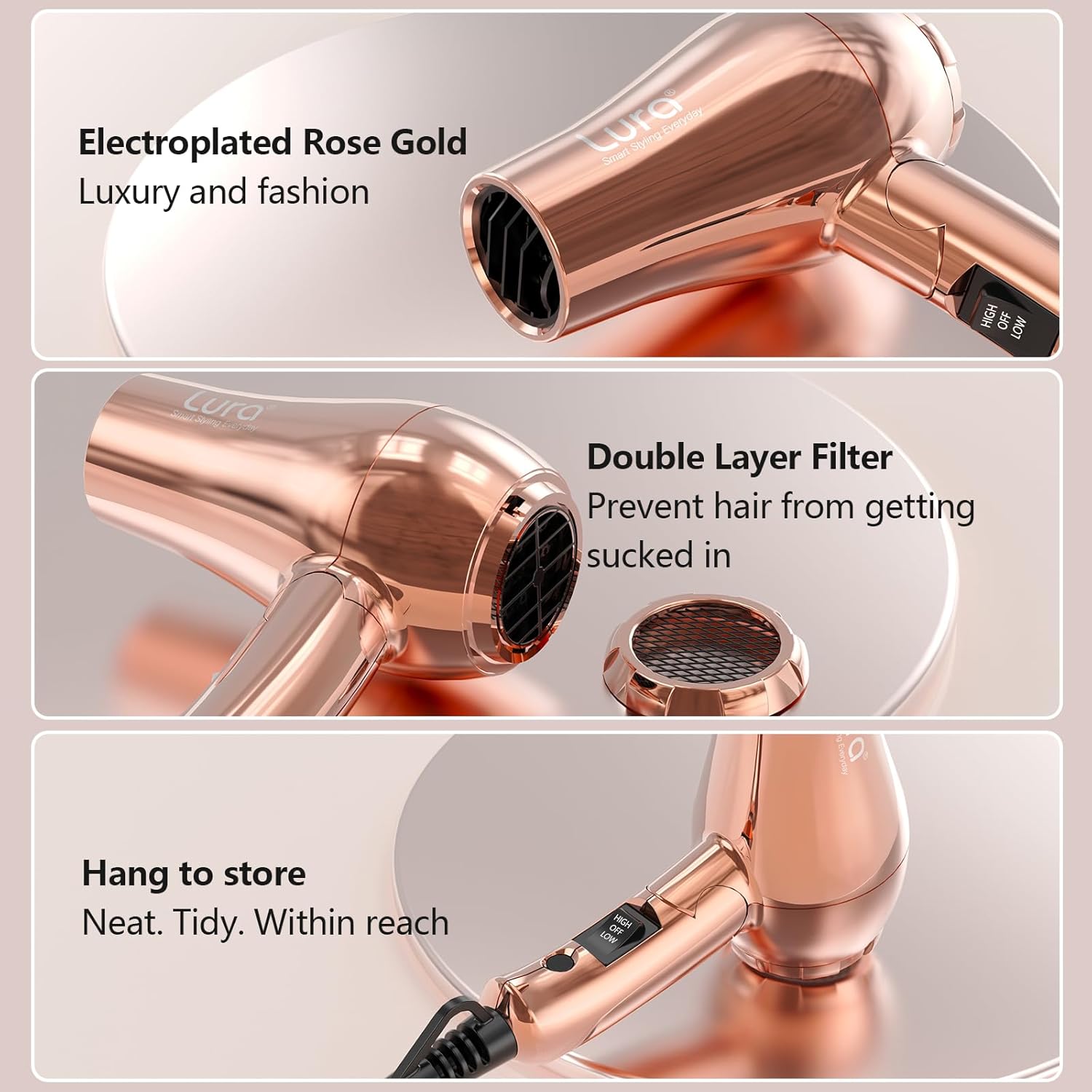 LURA Dual Voltage Travel Hair Dryer with Diffuser,Travel Blow Dryer Mini with EU Plug and UK Plug,Lightweight Portable Hairdryers with Folding Handle,1200W Compact Small Blowdryers for Women - Image 6