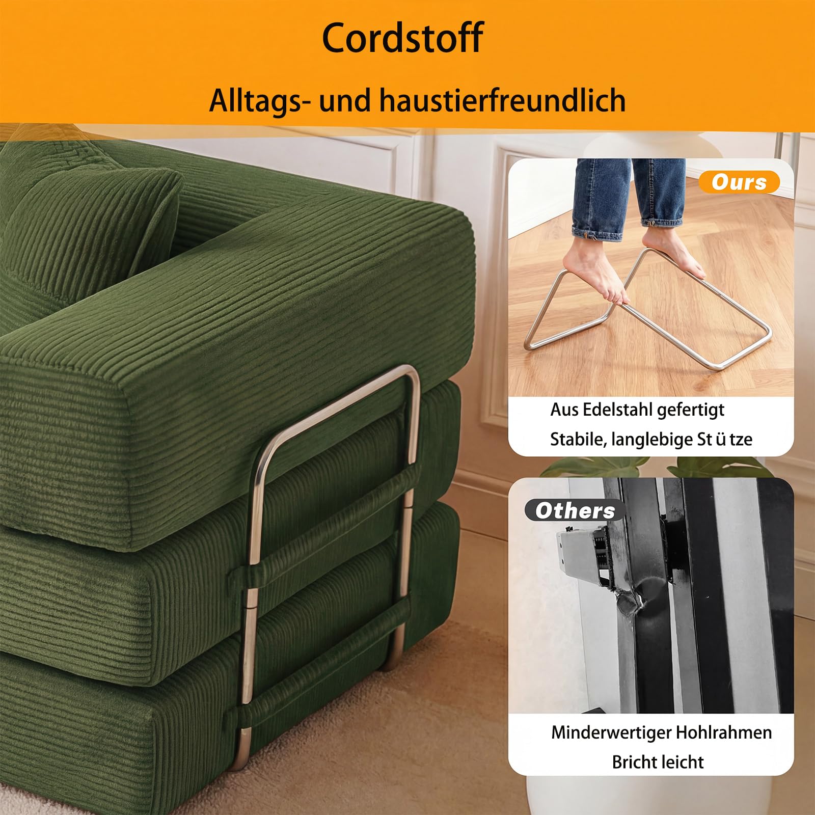 Vipbear 200cm Hochwertiges Sofa, aus Langlebig Cord mit Hochdichter Schaumstoff, 5-in-1 Umwandelbares Vielseitig ohne Knochen 3-Sitzer Sofa mit Schlaffunktion für Schlafzimmer, Grün | Umwandelbar