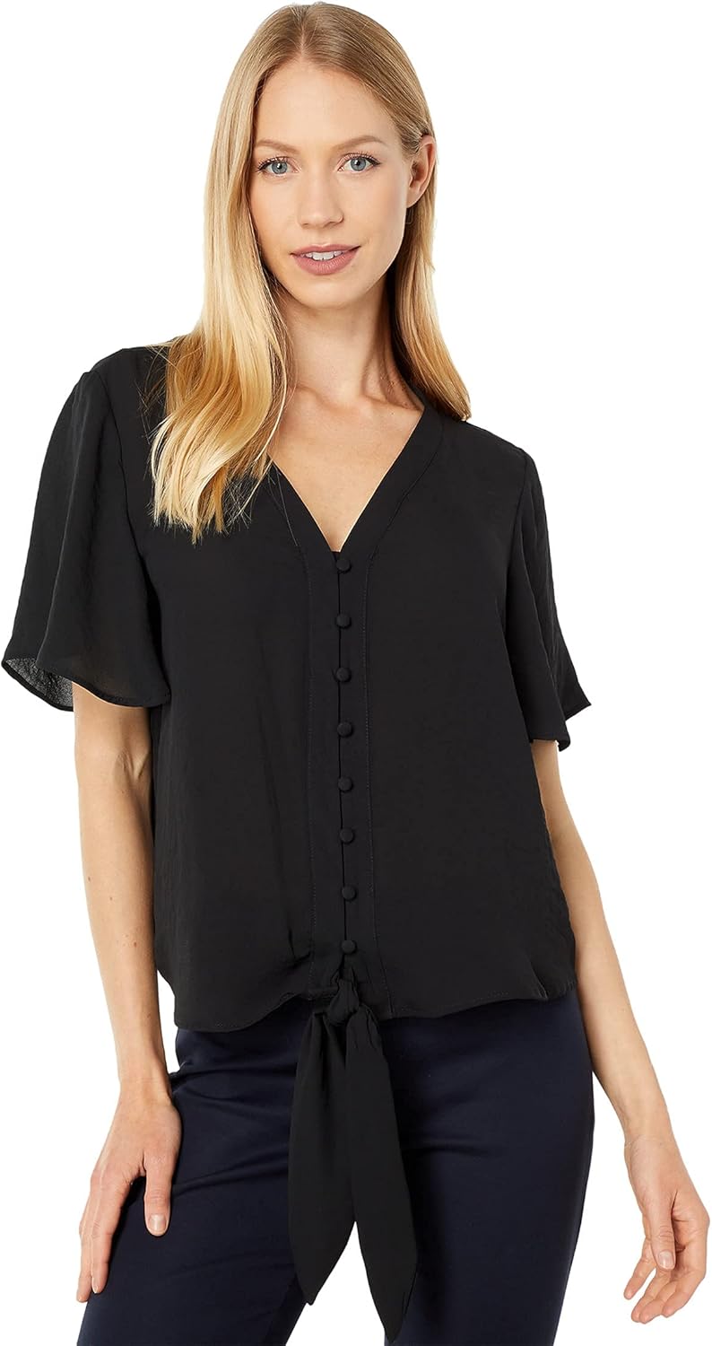 Vince Camuto Short Sleeve Button-Down Tie Front Blouse Rich Black SM