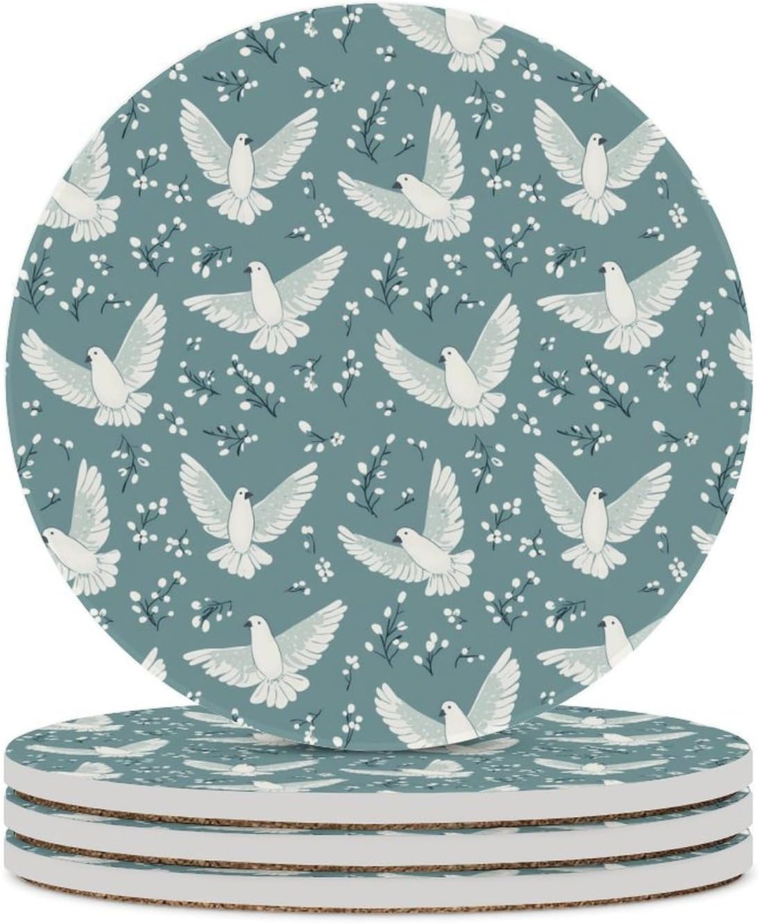Doves Birds Pattern Round Ceramic Coasters Print Drinks Absorbent with Cork Base for Home Decor Gifts 4 Inch