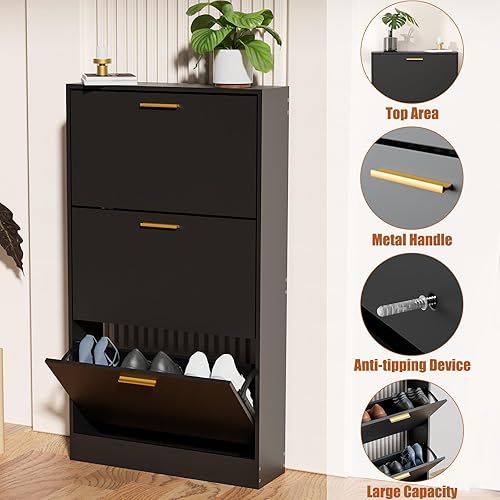 Miniatura 4 de LYNSOM Armario de zapatos, organizador de zapatos con 3 cajones abatibles, moderno almacenamiento de zapatos de entrada con pantalla superior,