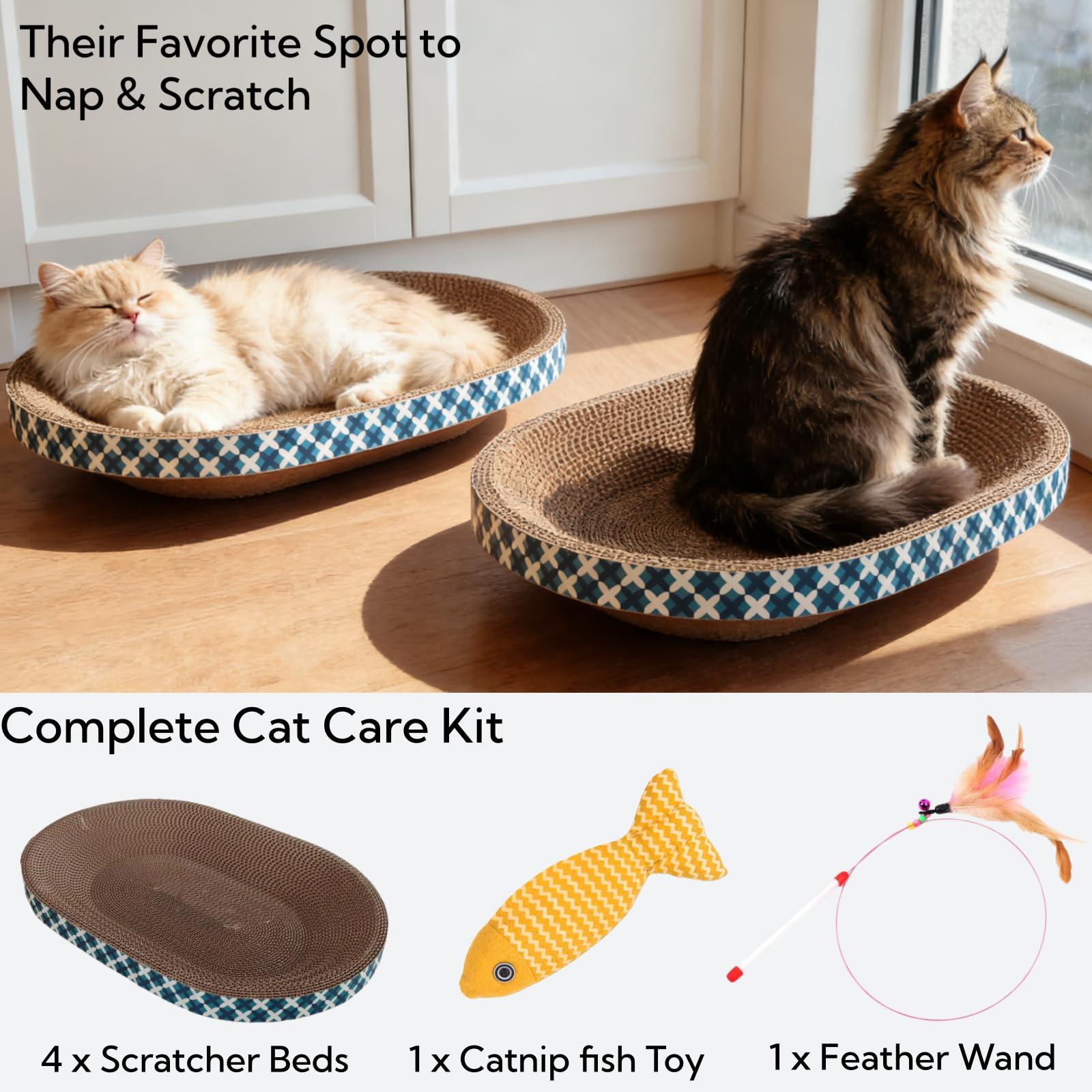 Panier Grattoir pour Chat avec Jouets, Lot de 4 Griffoirs Ovales en Carton Bol à Gratter pour Intérieur, Grand Tapis à Griffer avec Poisson à la Cataire & Plumeau, Protecteur de Meubles