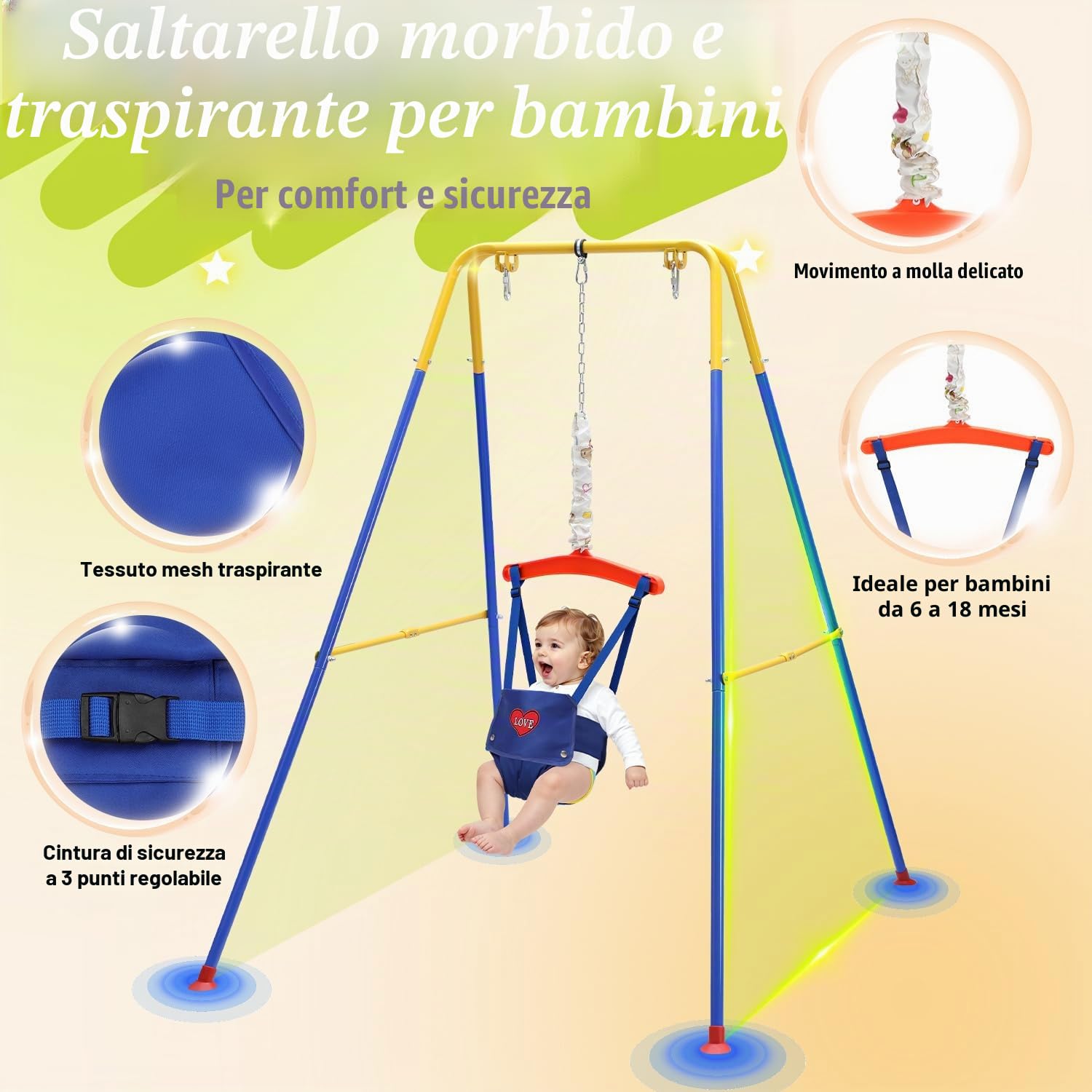 Altalena per bambini, 4 in 1, con telaio – Altalena per bambini, con cintura di sicurezza, pieghevole e 4 sacchi di sabbia, per interni ed esterni, facile da montare