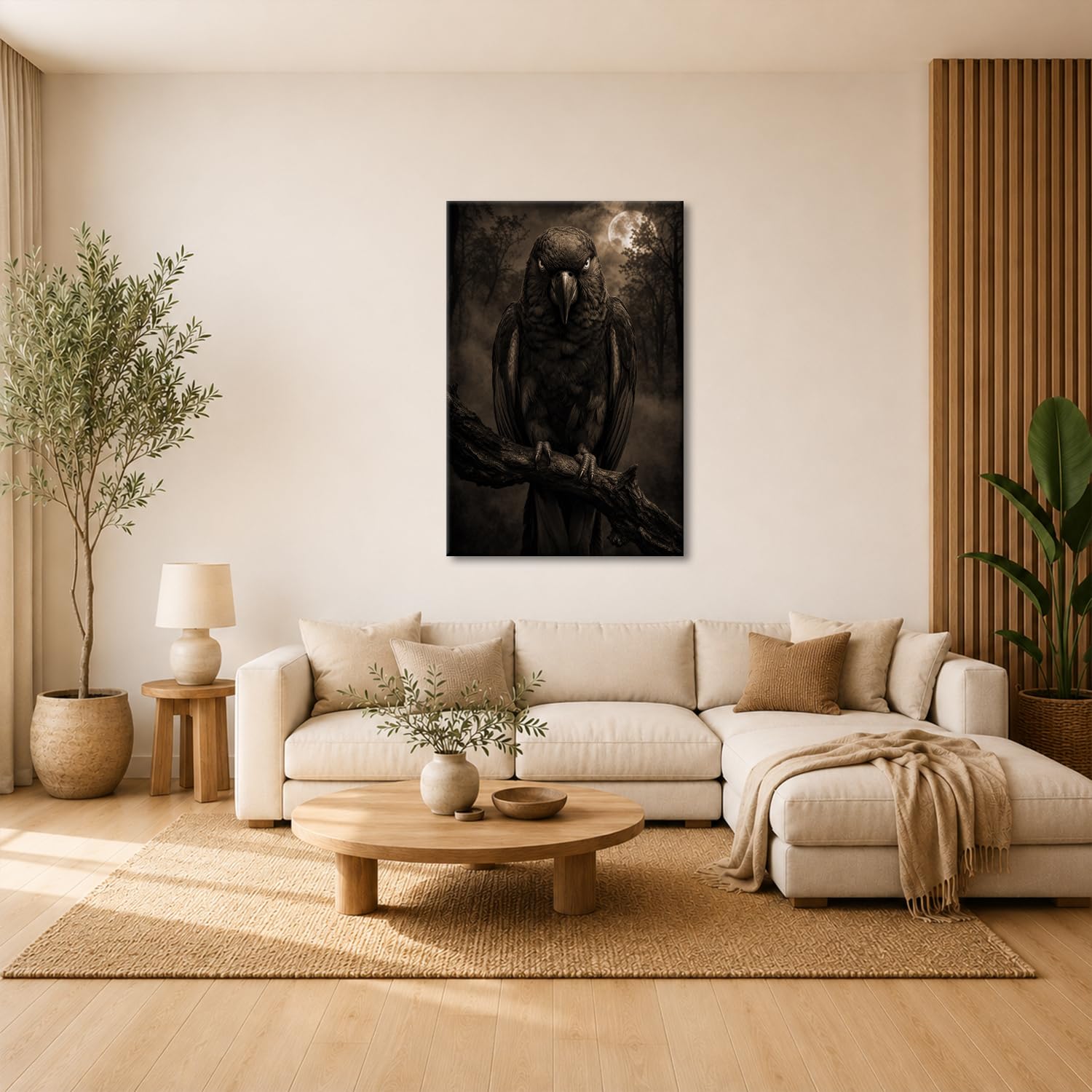 deyoli Obraz na płótnie Czarna papuga z czerwonymi piórami 100 x 70 cm Sepia | Pionowy jednoczęściowy druk artystyczny XXL na blejtramie | obraz na płótnie | obraz ścienny | dekoracja salonu