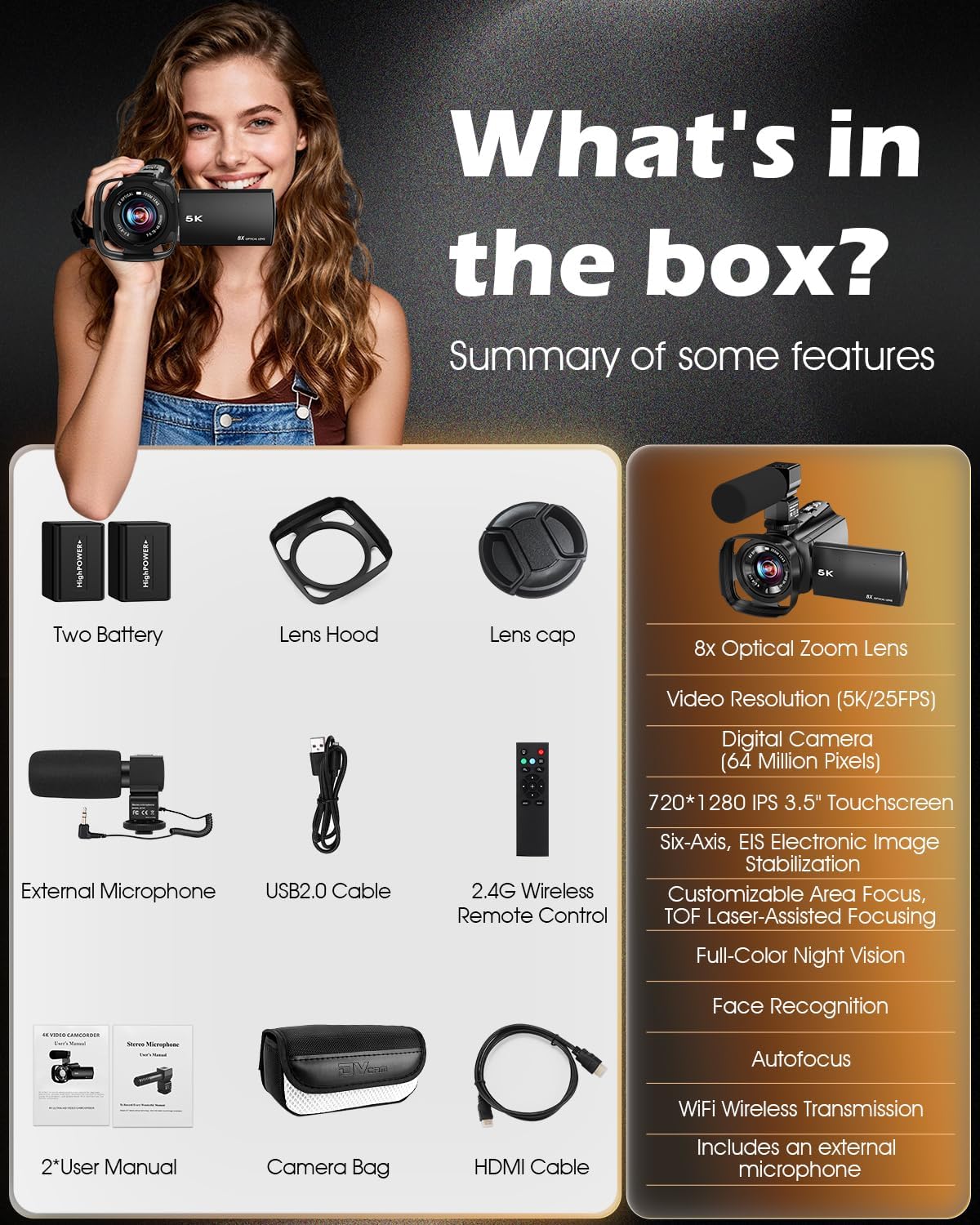 5K Video Camera Camcorder,64MP WiFi Vlogging Camera for YouTube with 8X Optical Zoom,3.5" IPS Touch Screen,Full-Color Night Vision,Live streaming,6-Axis Anti-Shake,64GB Card & Two 1400mAh Batteries - Image 9
