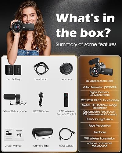 Miniatura 9 de Videocámara de cámara de video 5K, cámara de vlogging WiFi de 64MP para YouTube con zoom óptico 8X, pantalla táctil IPS giratoria de 3.5 pulgadas