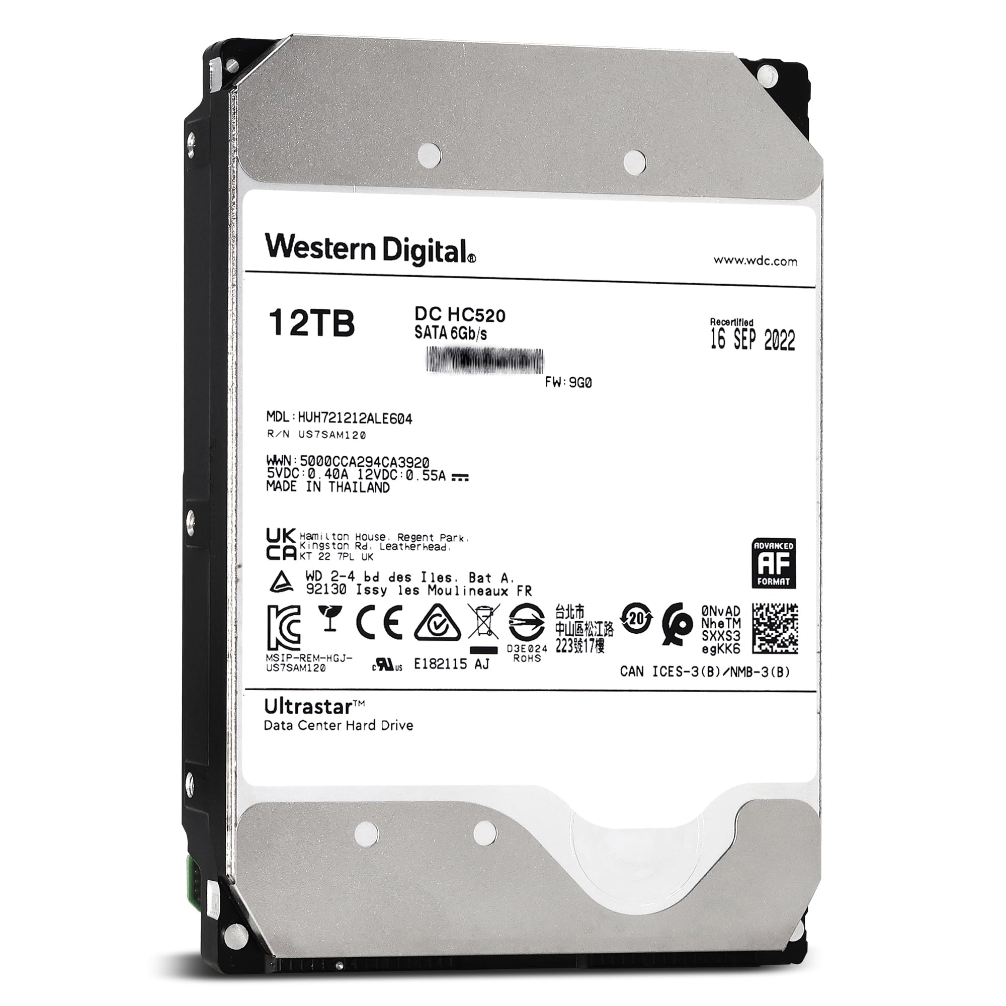 Western Digital Unidad de disco duro SATA Ultrastar DC HC520 de 12 TB – Clase 7200 RPM, SATA 6 Gb/s, caché de 256 MB, 3,5 pulgadas – HUH7212ALE604 (reacondicionado)