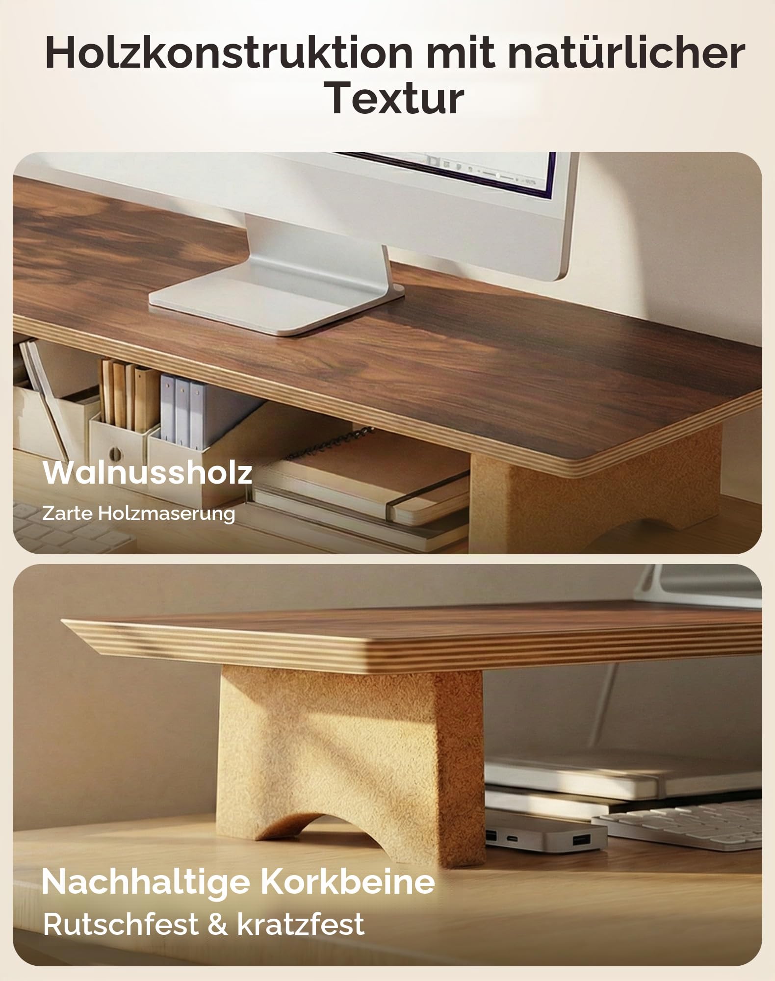 Aothia Massivholz Doppel Monitorständer mit 3 Korkfüßen Walnuss Groß | Massivholz Monitorständer, passend für 2 Monitore, 3 stabile Korkfüße, kein Billig-Spanplatten, robust für Büro & Heim
