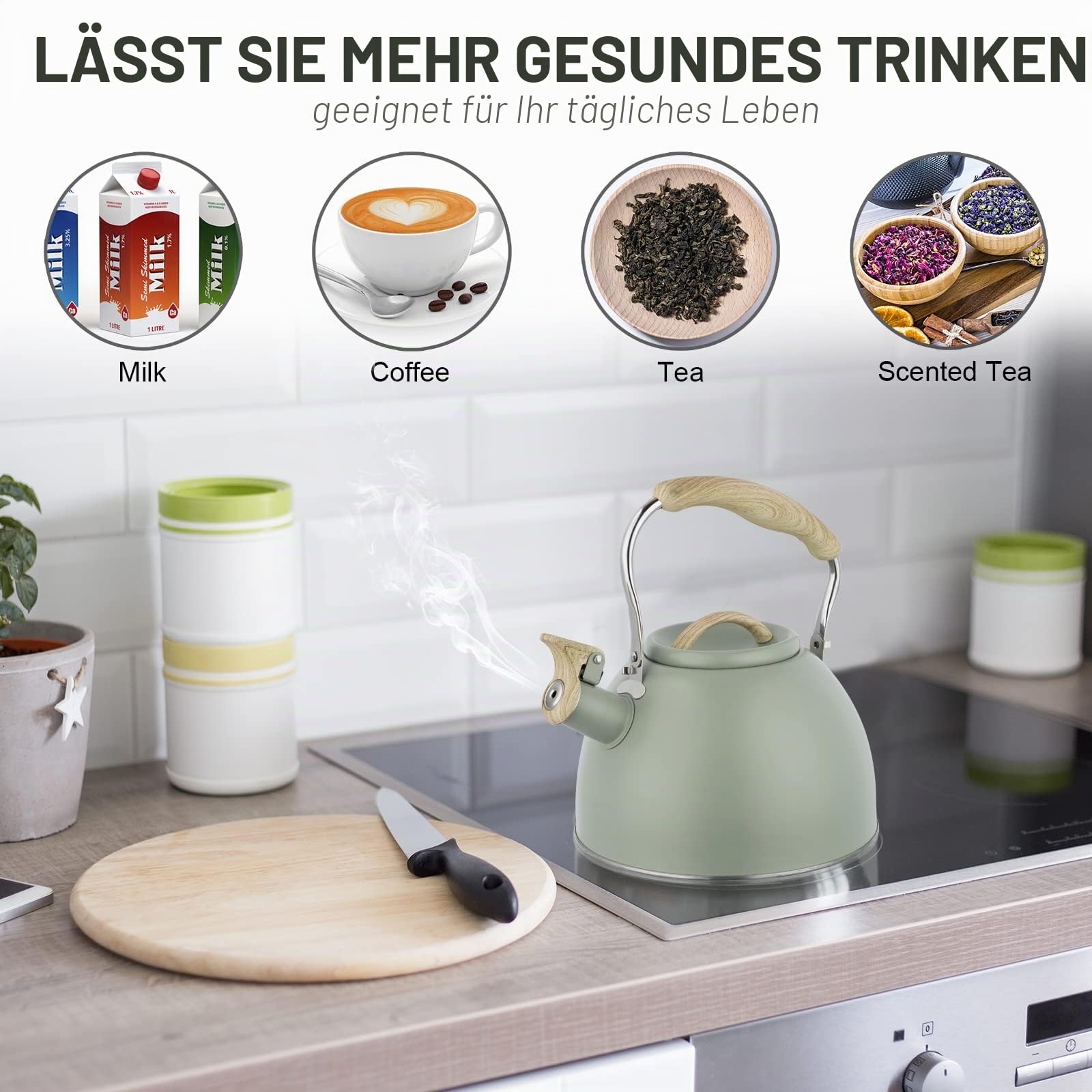 Pfeifkessel für Induktionsherde, 3 l, Edelstahl, Flötenkessel aus Edelstahl, für Gasherde, Induktion und Elektroherde