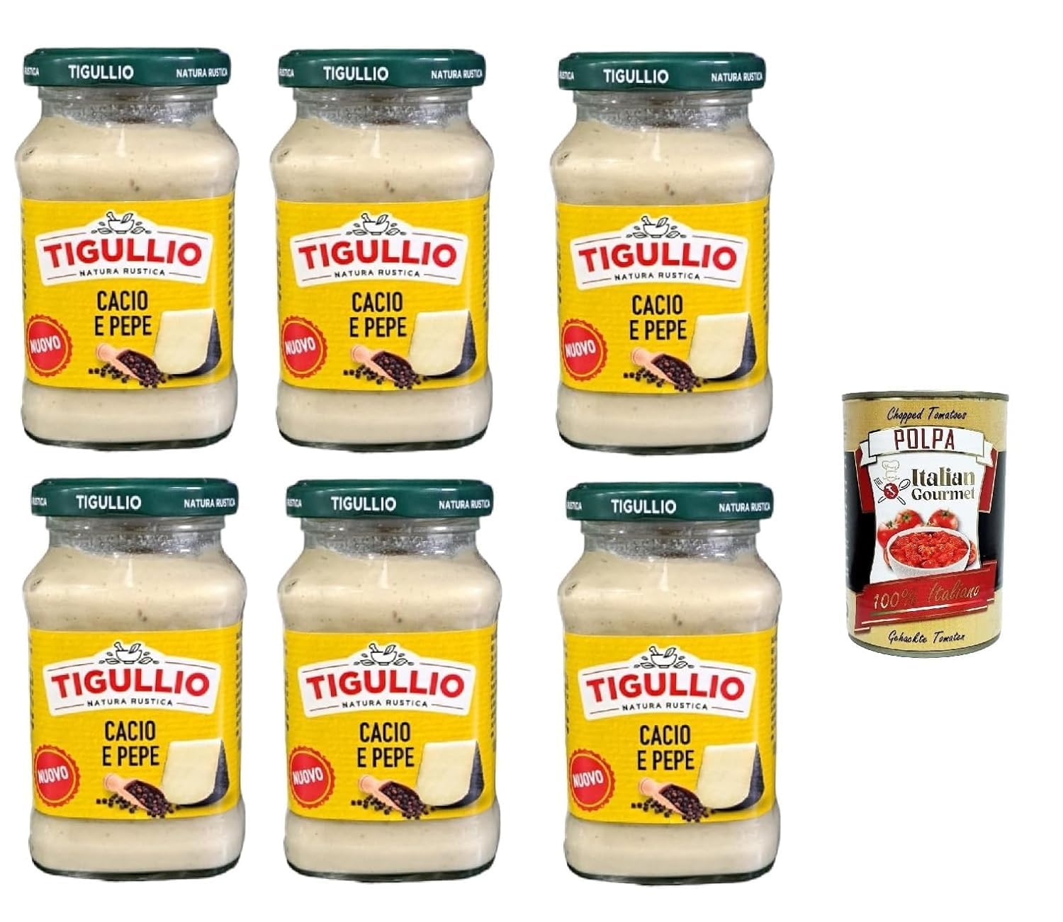 Italian Gourmet Lot 6 x 185 g Sauce Cacio e Pepe pour Pâtes – Sauce Italienne Crémeuse Fromage & Poivre, Prête à l’Emploi, Assaisonnement Pasta, Recette Romaine, Rapide + Italian Gourmet Polpa