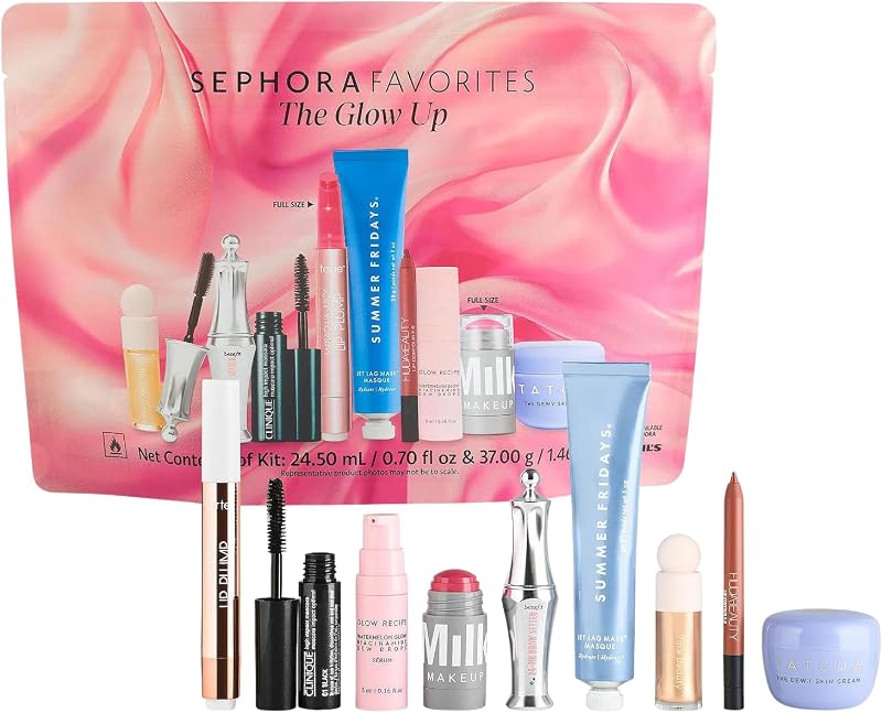 Sephora Favorites Glow Up Makeup & Skincare Gift Set with Mascara face mask lip liner gloss blush moistuirzer