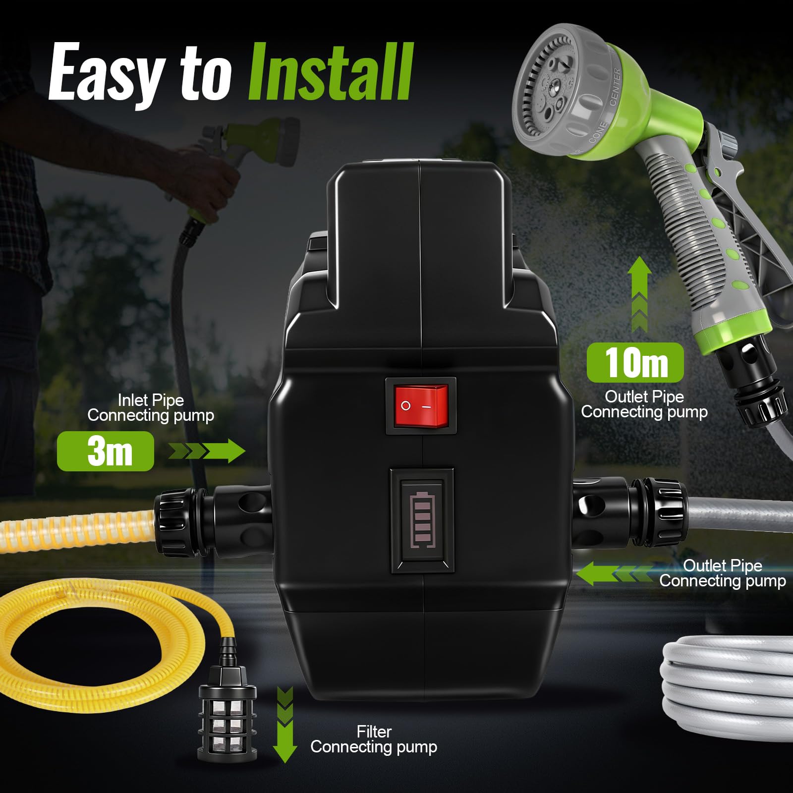Roadtime Pompa dell'acqua per batteria Makita da 18 V (senza batteria), pompa da giardino senza fili, pompa autoadescante portatile, pompa di irrigazione da 150 W con tubo di uscita dell'acqua da 10 m