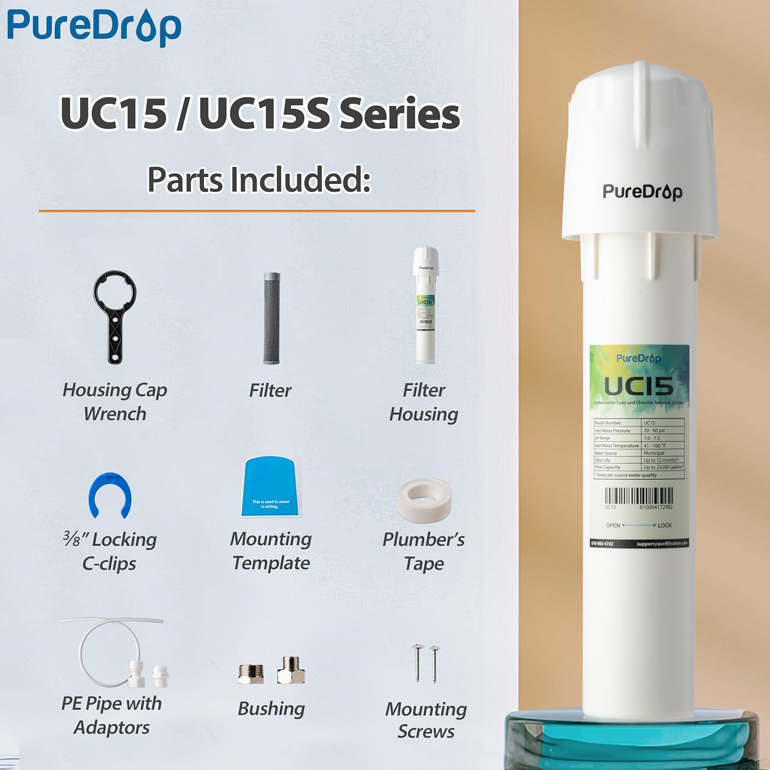 PureDrop UC15 Under Sink Water Filter, 23K Gallons Capacity Water Filtration System, Direct Connect to Kitchen Sink Faucet, Drinking Water Filter Reduces Chlorine