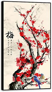 NHYGJSTX Black Frame Chinese Landscape Painting Canvas,Oriental Wall Art for Living Room,Bird on Red Plum Flower Branch,Print on Canvas,Ready to hang for Living Room Decor70x125cm(28x49in)
