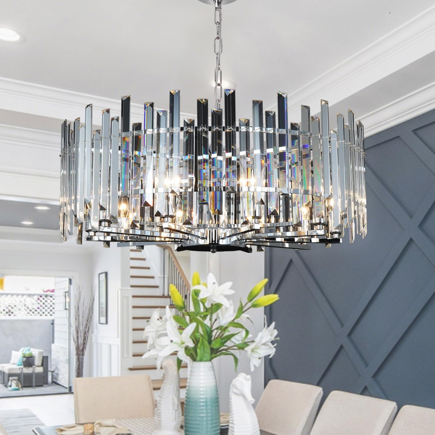 Crystal Chandelier Modern Chandeliers Lighting Chrome Pendant Lights Fixtures Ceiling for Dining Rooms Living Room Entryway Round Hanging W27.55'' Chrome Frame