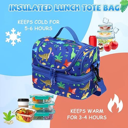 Miniatura 6 de ChaseChic - Lonchera térmica para niños, ligera, a prueba de fugas, con doble compartimento con correa de hombro ajustable desmontable, dinosaurio
