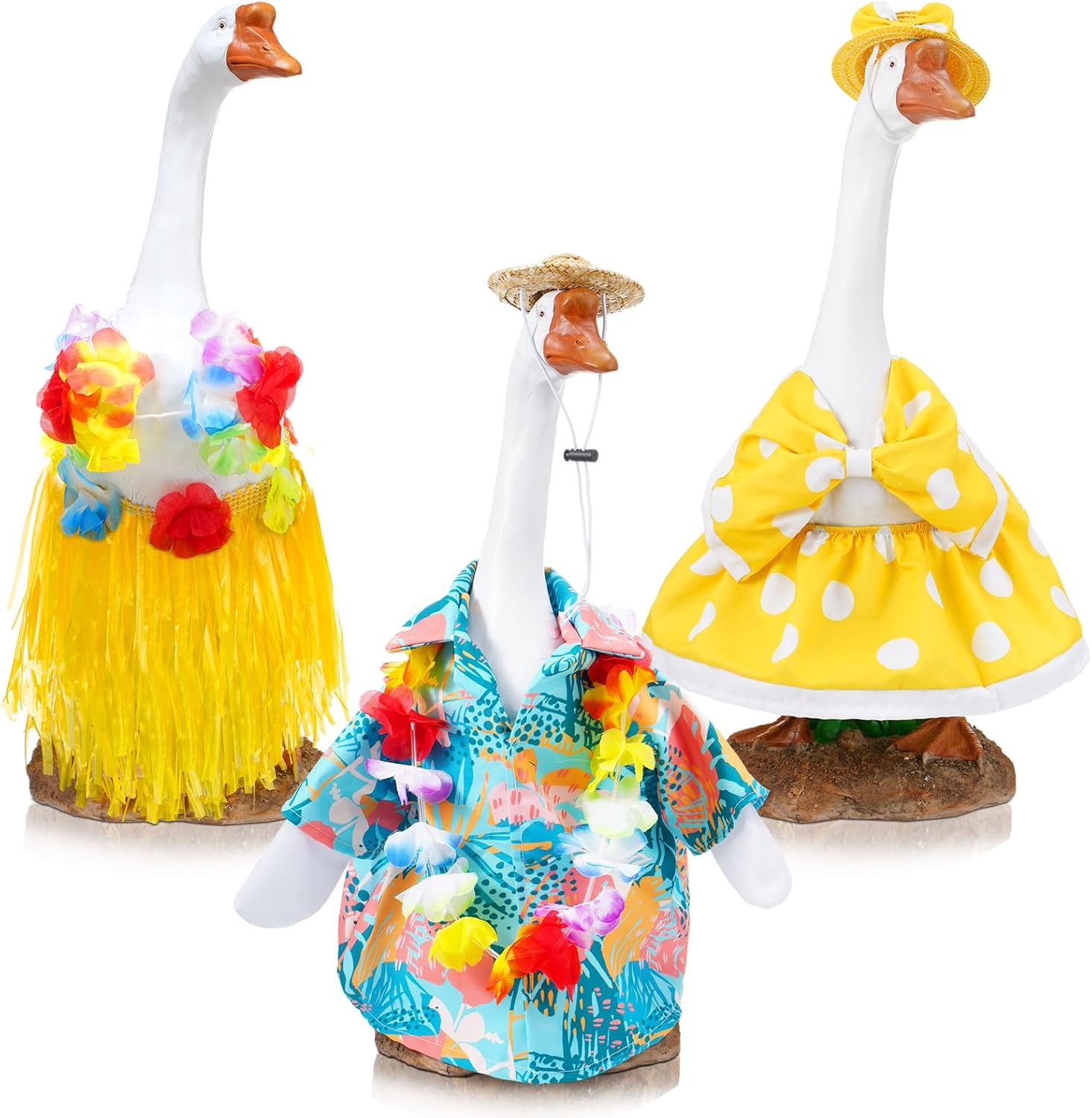 3 Sets Hawaiian Goose Outfit Lawn Porch Goose Cloths Summer Yard Goose Outfits Hawaiian Luau Goose Outfit for 23'' Goose Outdoor Patio Yard Lawn Art Decoration(Dot Bikini,Hula Skirt)