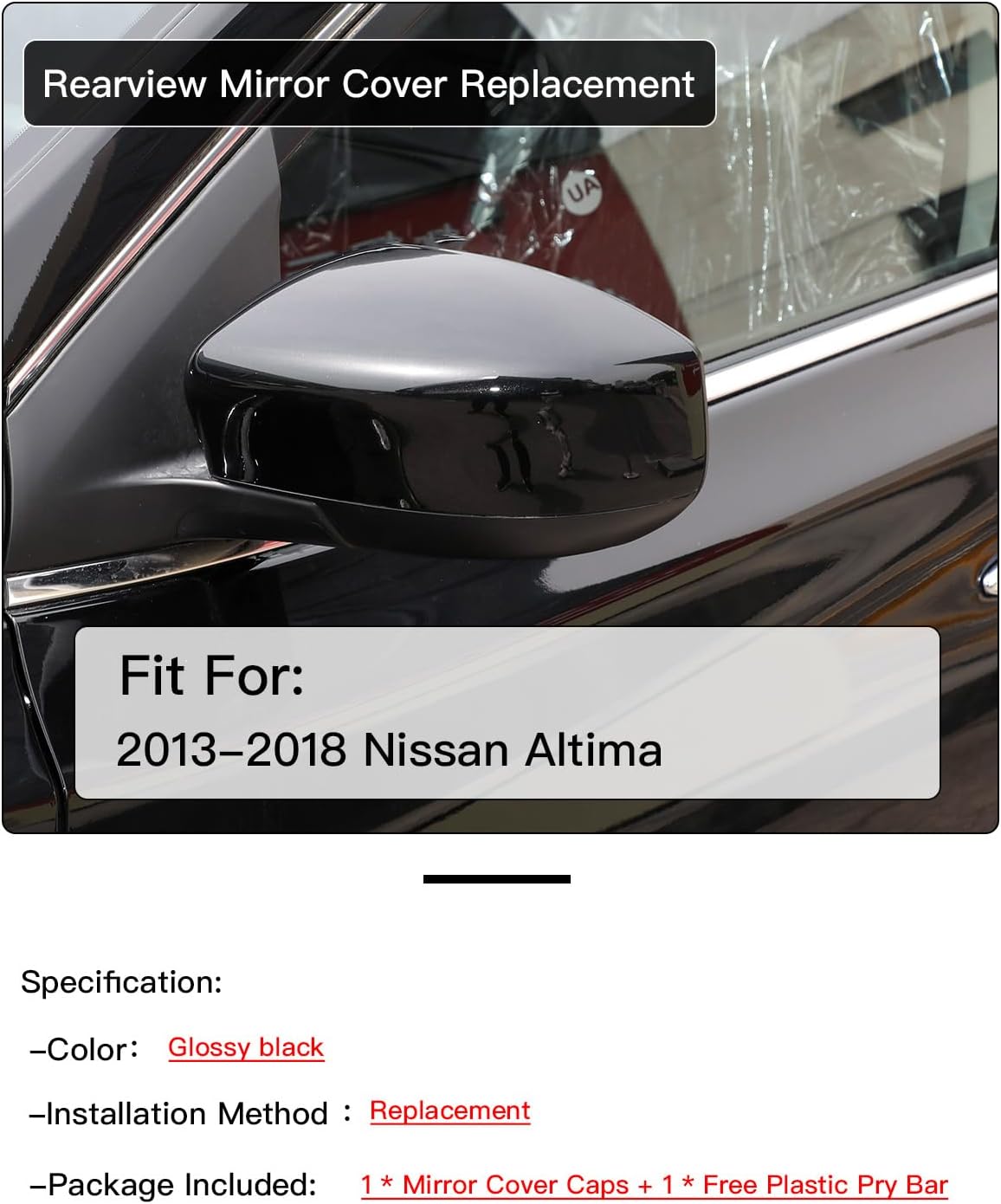 Left Driver Side Mirror Cover Cap Compatible with Nissan Altima 2013-2018 Glossy Black