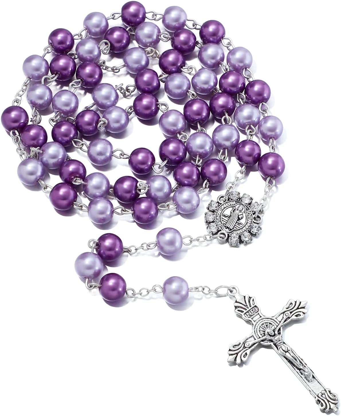 KOMI Catholic Rosary Beads for Women - Glass Pearl Beads Necklace with Saint Benedict Medal & Crucifix - Catolicos Rosary Gifts with Pouch