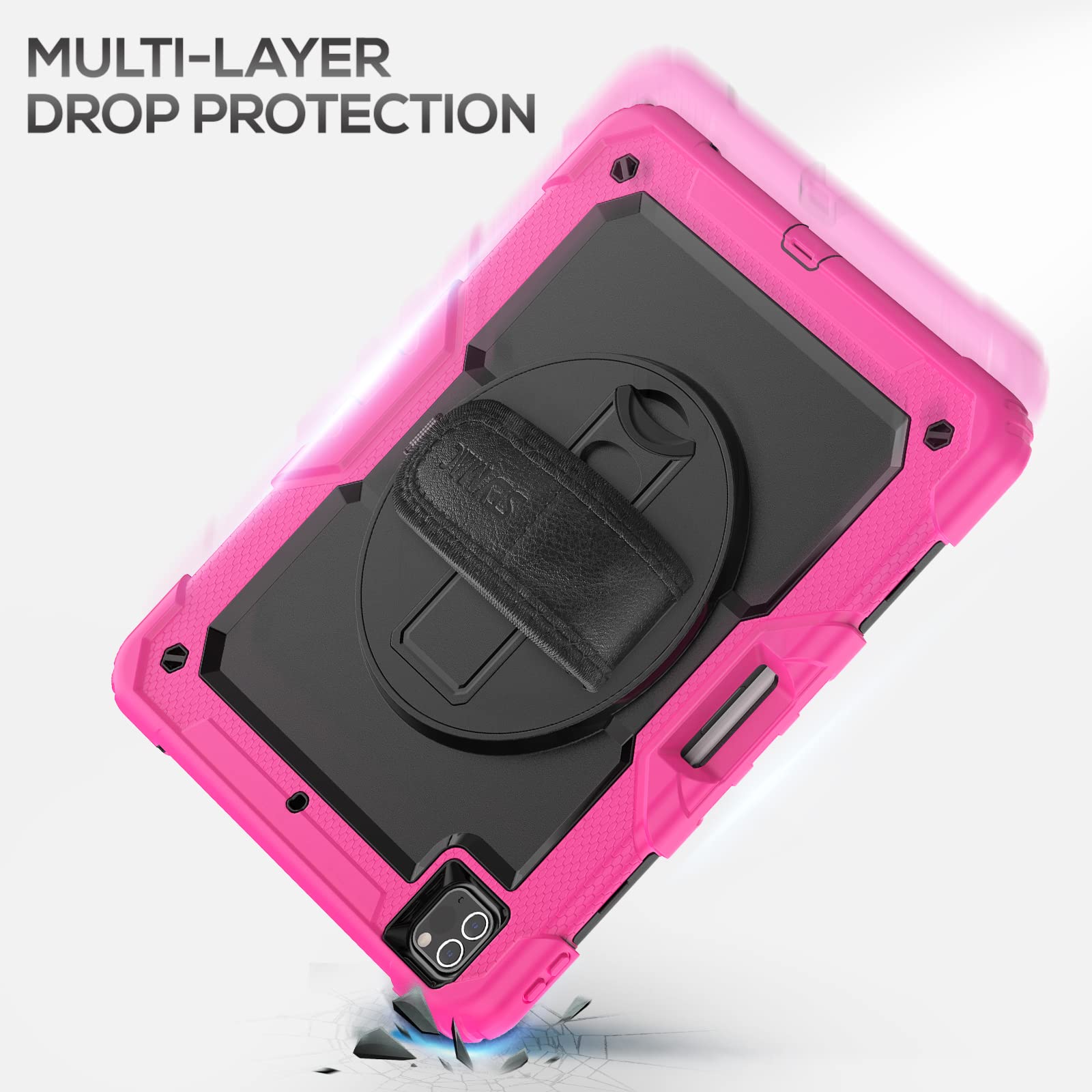 SEYMAC iPad Pro 12.9 Case 2022/2021/ 2020/2018, Heavy Duty Protection Shockproof Case with Screen Protector, Rotating Stand/Handle/Shoulder Strap/Pencil Holder for iPad 12.9 Inch, Pink