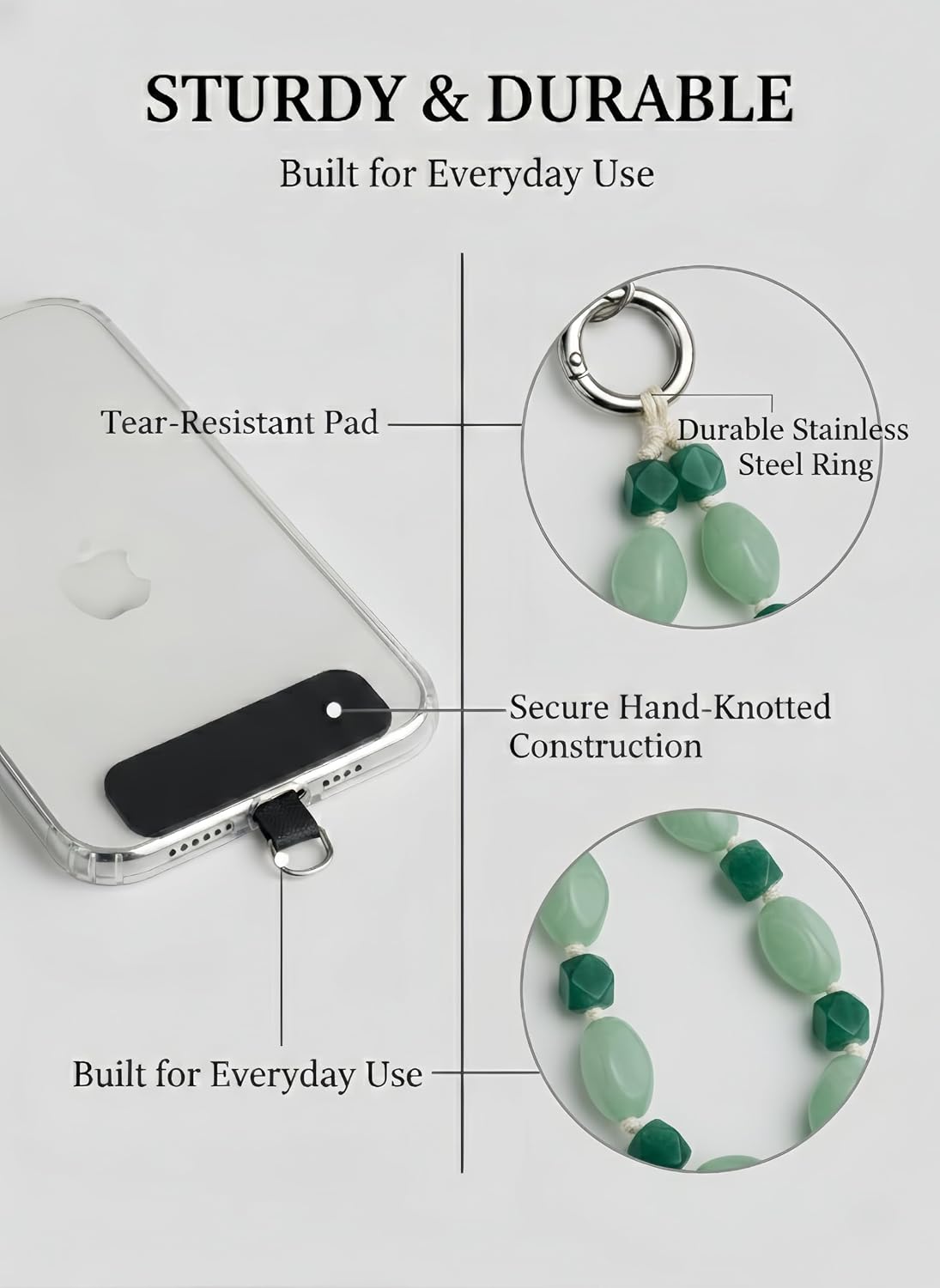 Beaded Phone Lanyard Wrist Strap Handmade Irregular Stone Acrylic Bead Phone Charm with Metal Ring for Keys Handbag