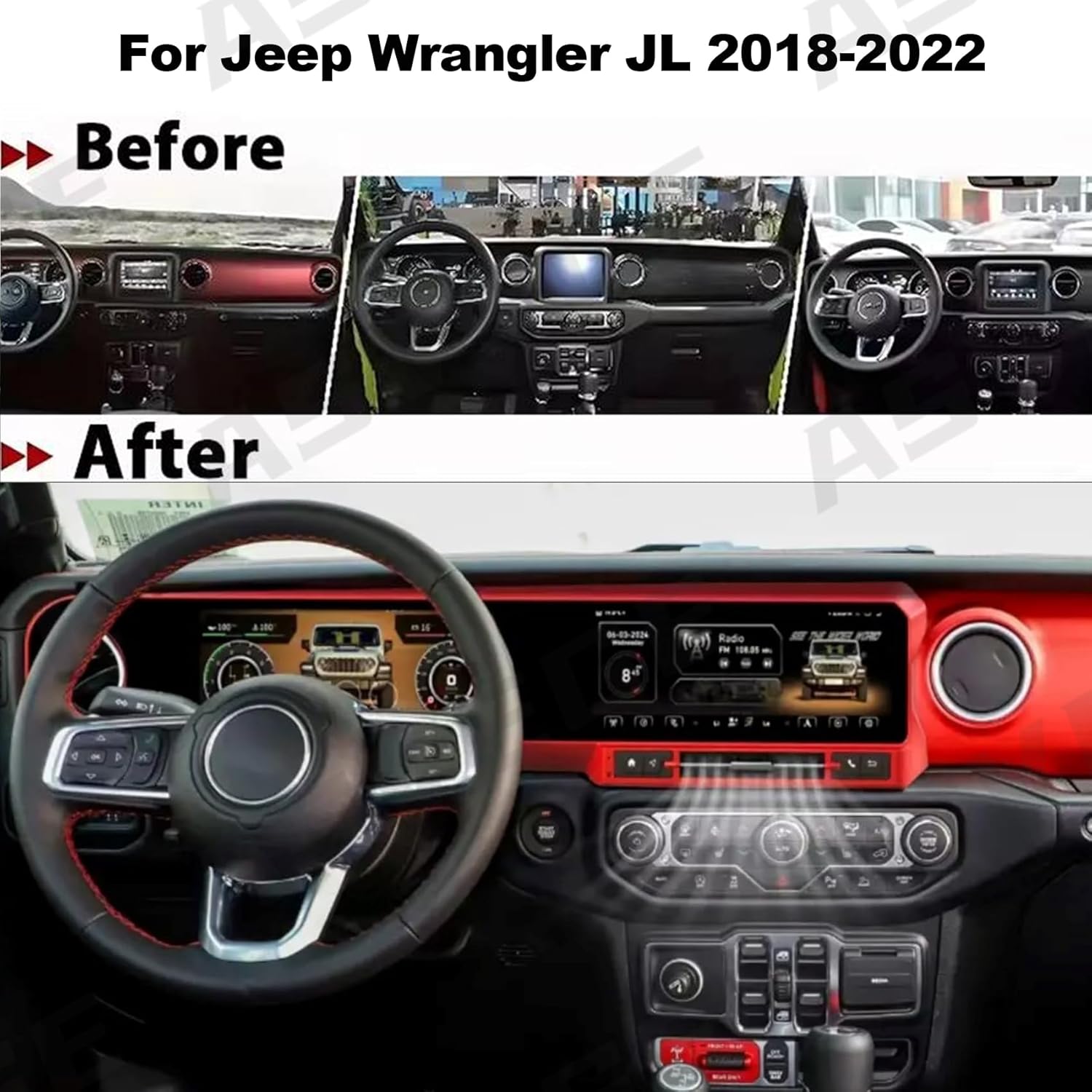 Image showing the Jeep Wrangler JL dashboard before and after installation of the dual screen system.