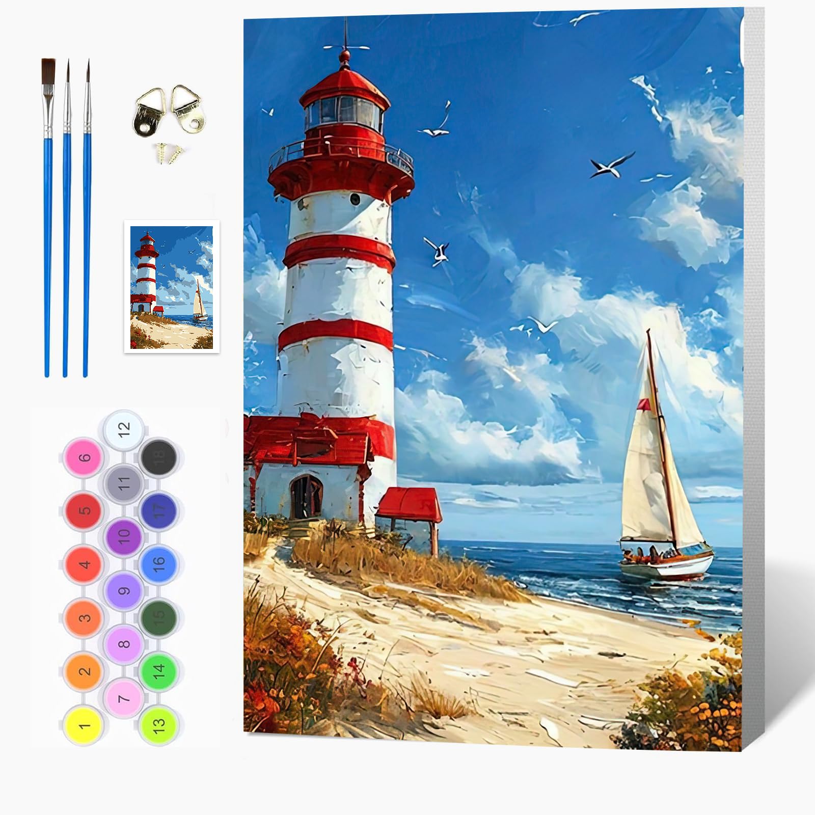 Auremi Lighthouse Paint by Numbers Kits for Adults Children,Landscape Painting Kits for Beginners On Clear Symbols Canvas with Wooden Framed, Easy DIY Acrylic Pigment Drawing 20x30cm
