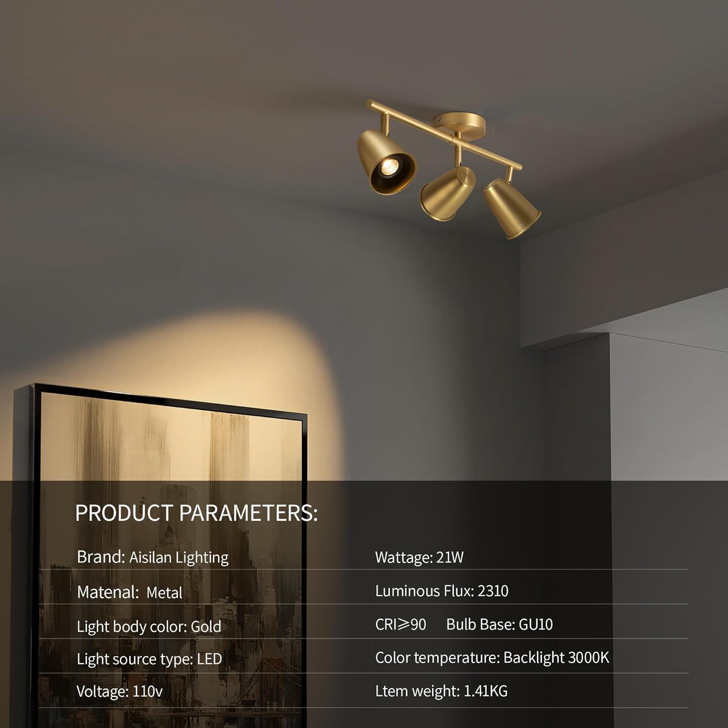 Aisilan LED 3-Light Track Lighting Fixtures Ceiling, Brushed Gold GU10 Track Light Bar with Rotating Heads, 3000K 21W Warm White, Modern Indoor Spotlight for Kitchen Living Room Artwork