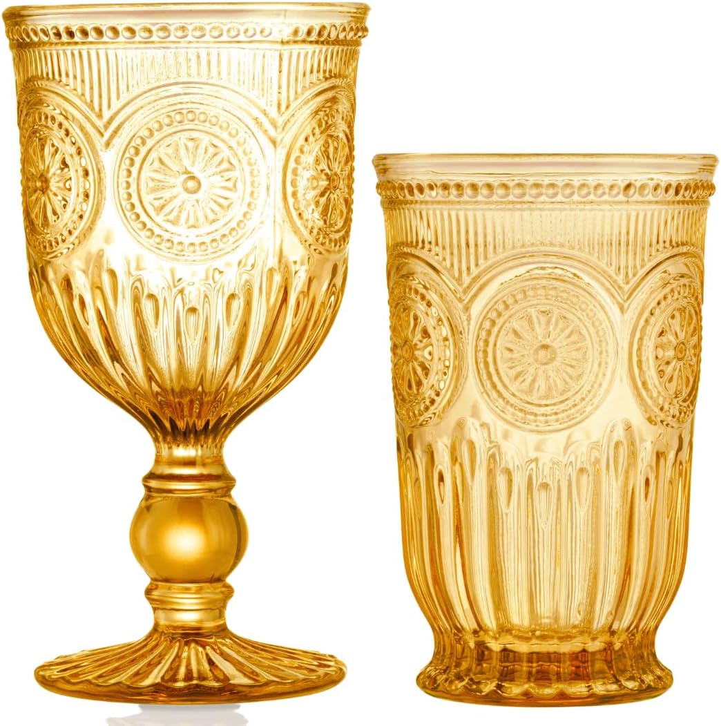 Yungala Amber Glassware Bundle - Amber Wine & Highball Glasses - Matching Set with Sunflower Emboss Design