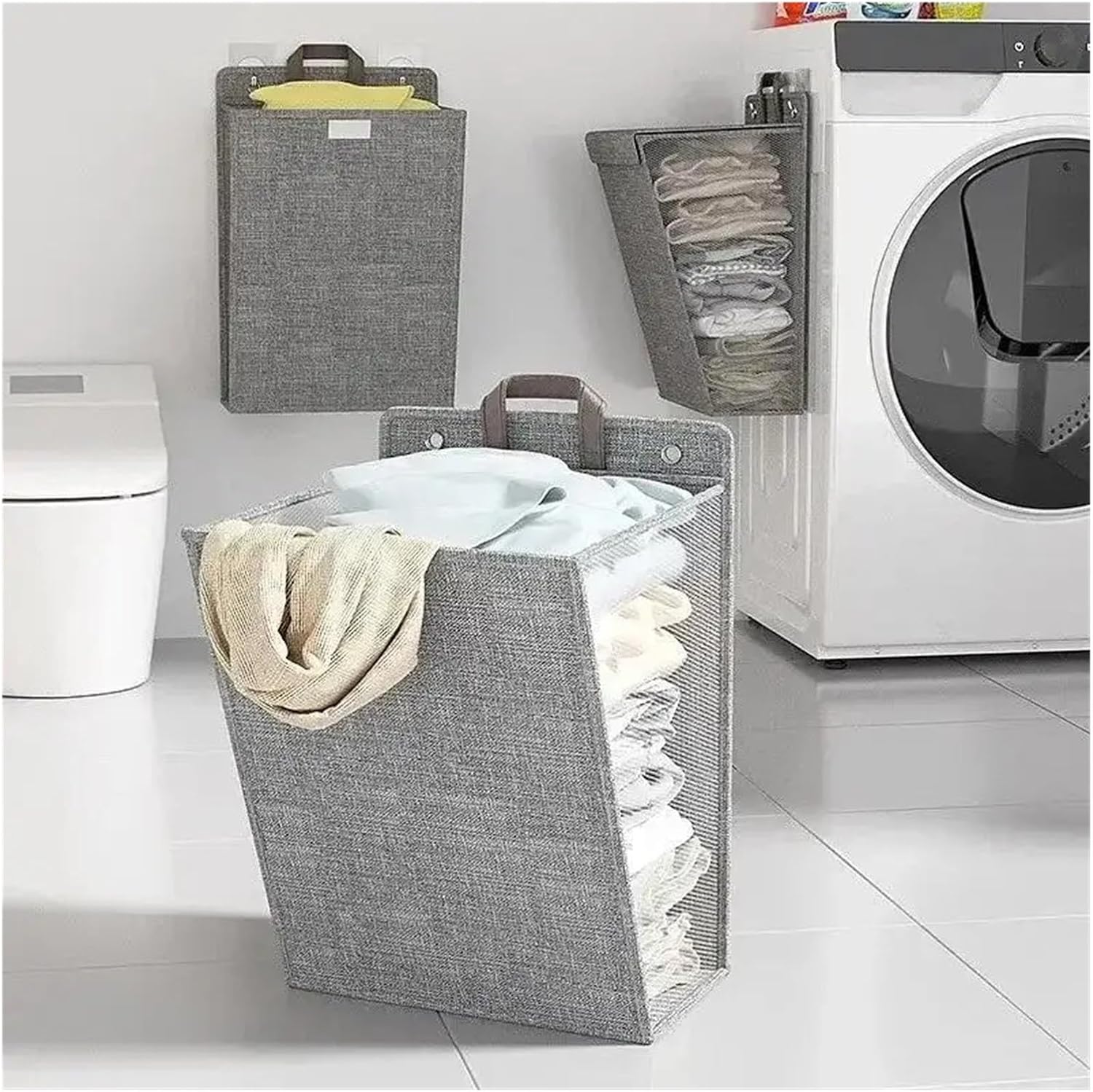 Multifunctional Wall Hanging Washing Clothes Mesh Hook Organizer Foldable Adhesive Laundry Basket Hamper(Beige)