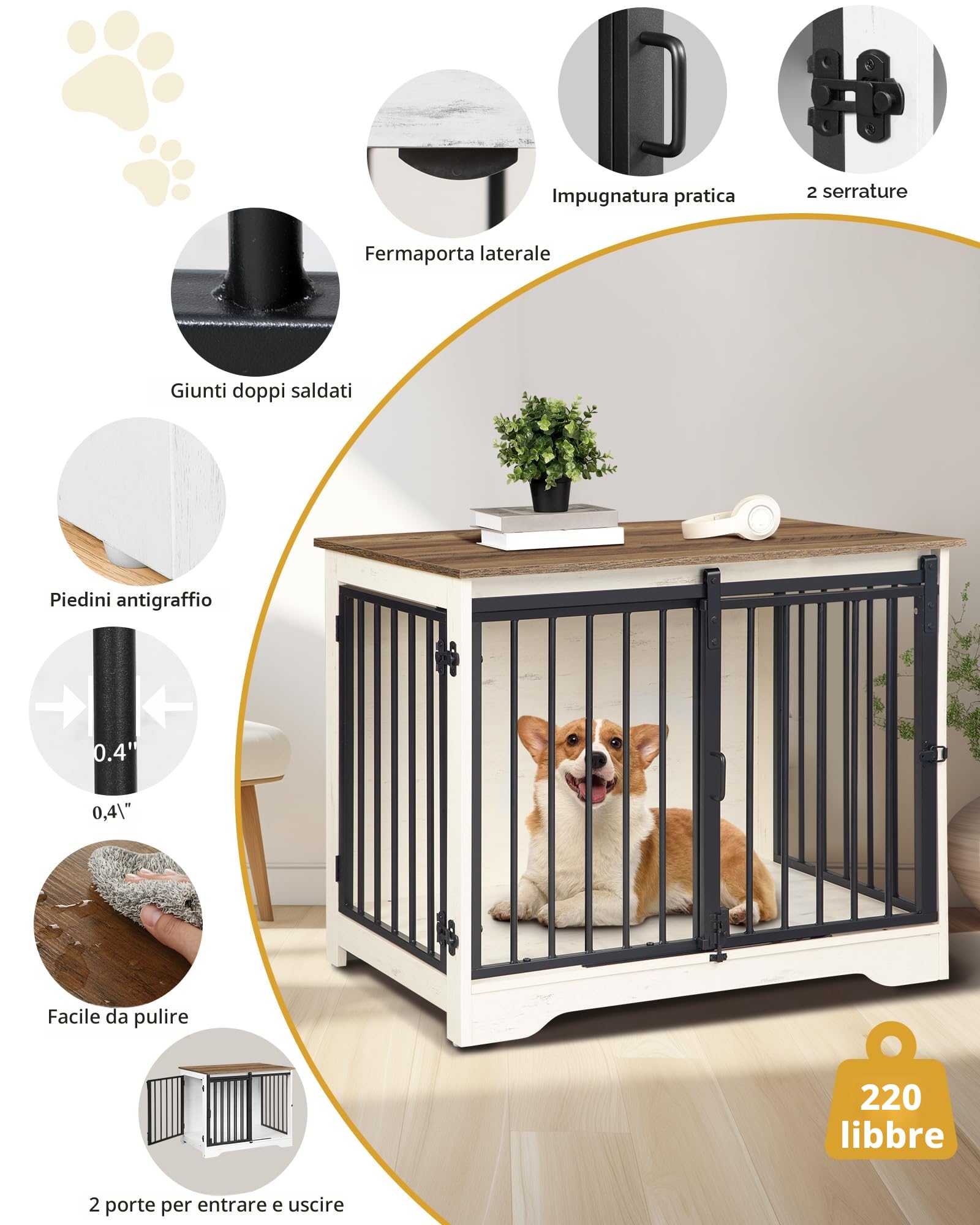 Hzuaneri 81cm Gabbia per Cani, Tavolo Supplemento, Nicchia Moderna per Cani, Gabbia per Cuccioli, Casetta per Animali, 2 porte, 55 x 81 x 67,5 cm, Bianco e Marrone DFC83614B