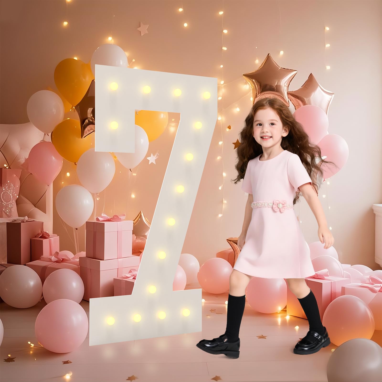 4FT Light Up Numbers, Marquee Numbers 4 Feet Tall Giant Number 7 Mosaic Big Number Sign for 7th 17th 70th Birthday Party Backdrop Anniversary Decorations, Pre-Cut Large Frame โ image 1