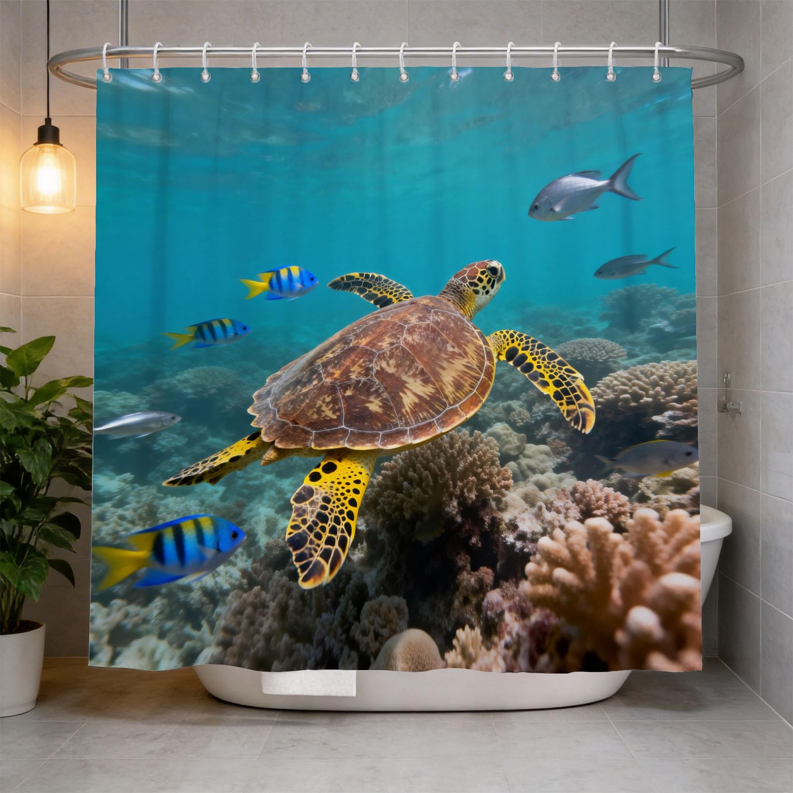Hongduo 3D Sea Turtle Shower Curtain for Stalls Bathtubs Tropical Fish Bathroom Decor Shower Curtain Set Polyester Fabric Waterproof 180x200cm/71X79 Inch with Hooks