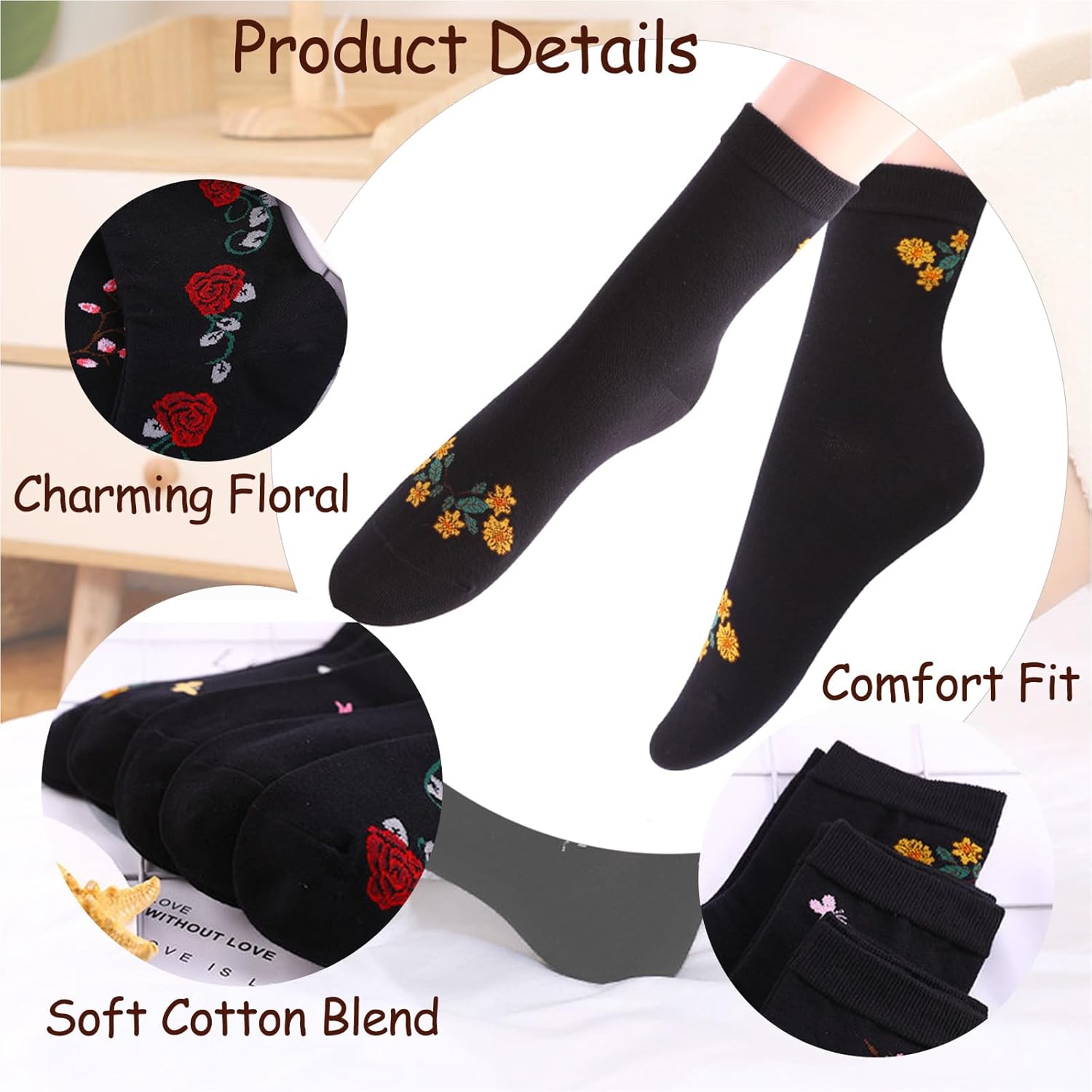 DXYAKY 5 Pairs Womens Vintage Floral Cotton Socks Novelty Patterned Dress Socks Ladies Embroidered Casual Crew Ankle Socks - Image 7