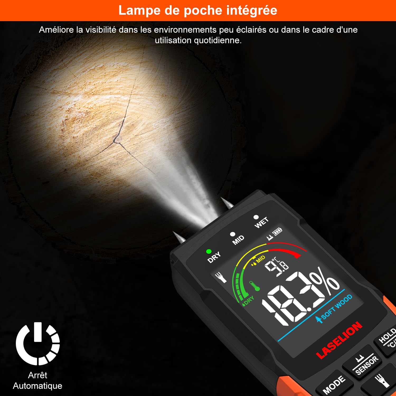 LASELION Testeur Humidité Mural Pin & Pinless 2 en 1 Détecteur d'humidité avec Grand Écran Rétro-éclairé pour le Bois, les Bâtiments, et l'emballage MS03