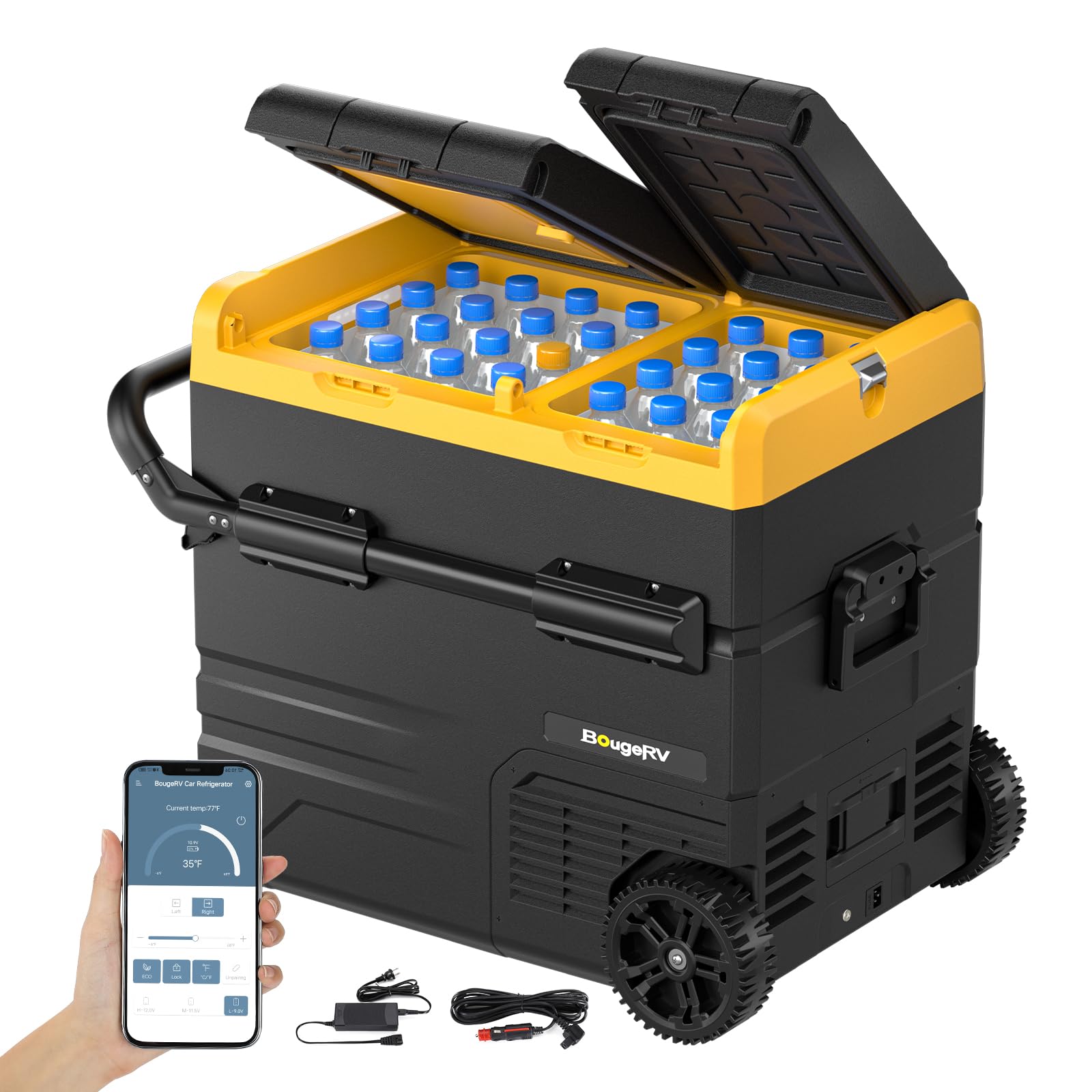BougeRV CRD Nevera Compresor 12V 220V 55L Doble Zona Doble Puerta, Nevera con Ruedas Nevera Portátil y Congelador Control App para Coche Camión Viaje Barco Camper Furgoneta -20℃-20℃
