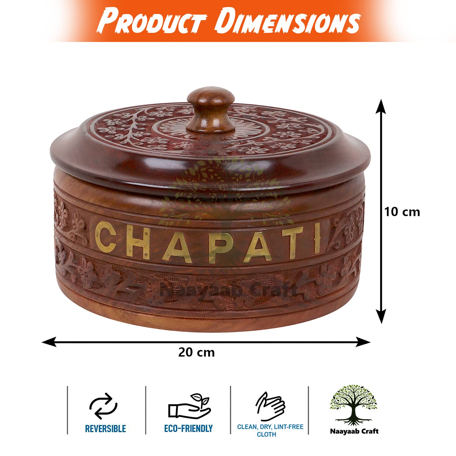 Naayaab Craft Wooden Chapati Casserole Pakka Sheesham Wood Handmade & Handcrafted Wooden Serving Chapati Box Crafted By Saharanpur Artisans(20 X 10 Cm), Brown 2