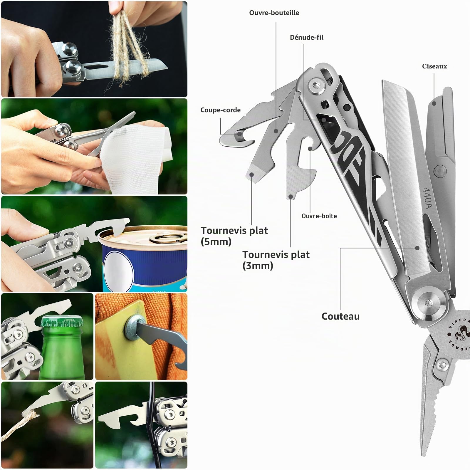 VIPERADE VAK2 EDC Multitool, Pince multifonction 20 en 1 en acier inoxydable, Couteau de poche avec verrouillage automatique, Multitools pliables et robustes avec ciseaux pour randonnée, camping