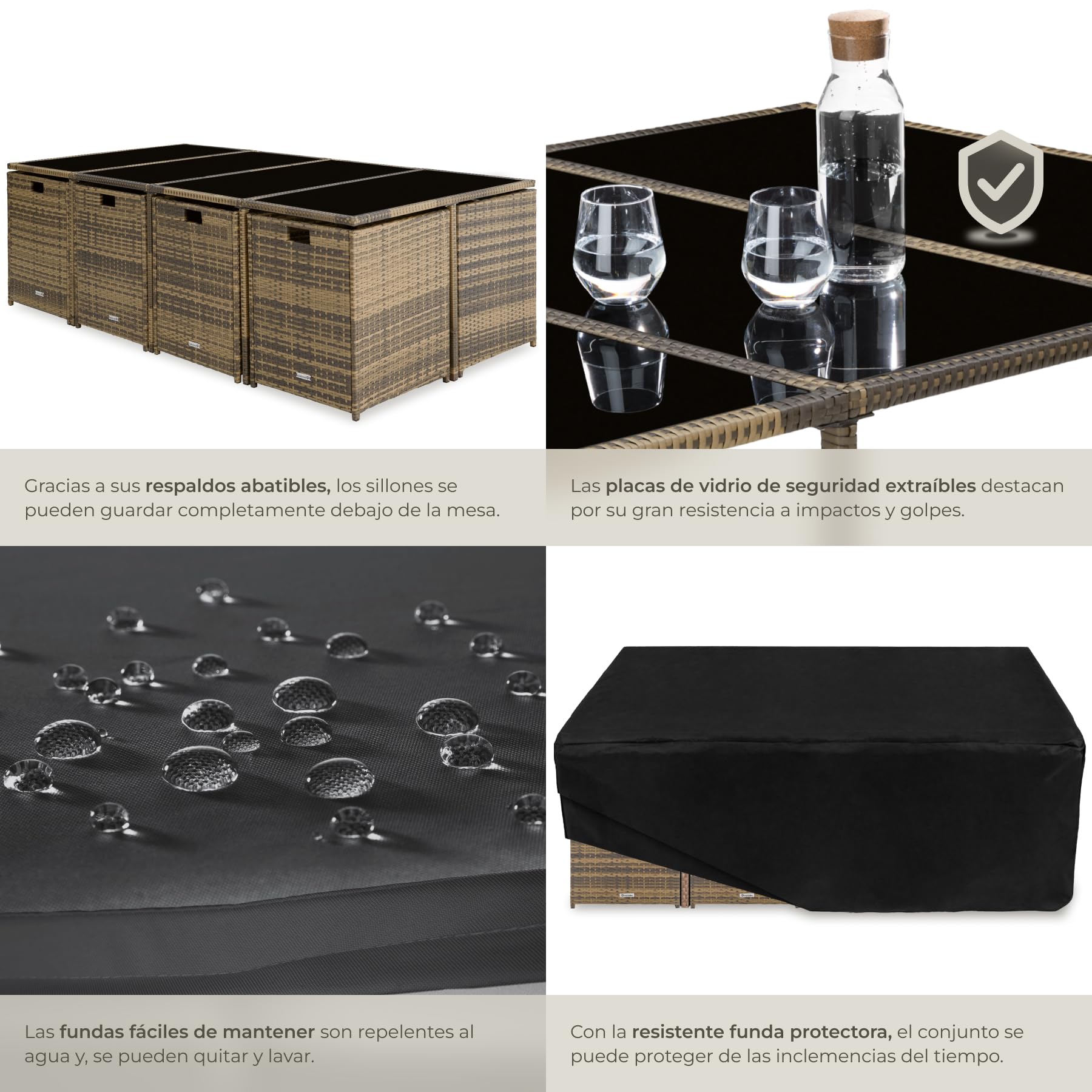 tectake® Juego de Muebles de Jardín en Ratán, Conjunto Comedor para Jardín Exterior, 8 Sillas, 4 Taburetes, 1 Mesa, Set de Muebles de Mimbre para Terraza o Patio, con Cojines y Fundas- Natural