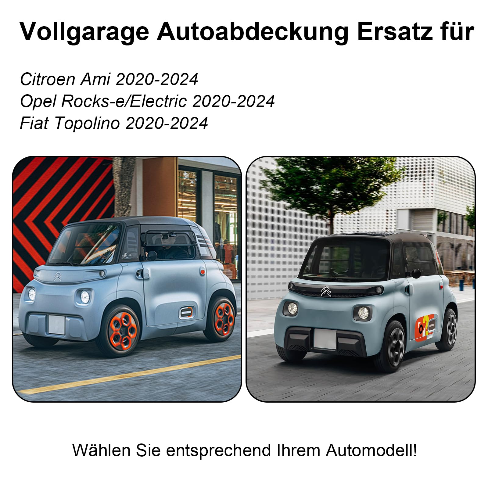 Vollgarage Autoabdeckung Ersatz für Citroen Ami/Opel Rocks-e/Electric/FIAT Topolino 2020-2024, Auto Abdeckplane Autogarage Ganzgarage, Atmungsaktive Vollgarage Wasserdicht Reflexionsstreifen