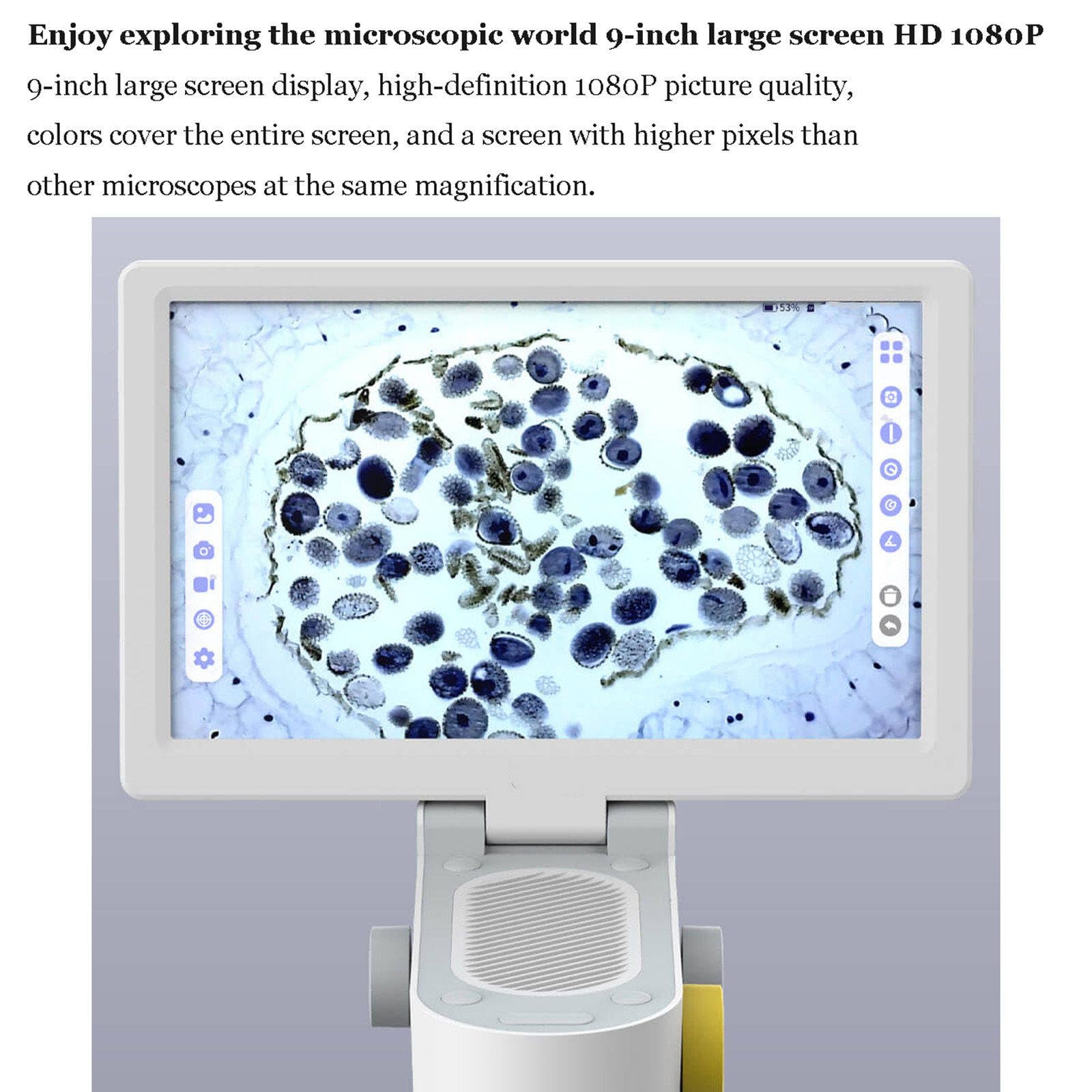 Microscopio biologico con schermo multi-touch da 9 pollici, doppia sorgente luminosa a LED e 3 set di obiettivi per connessione multi-dispositivo
